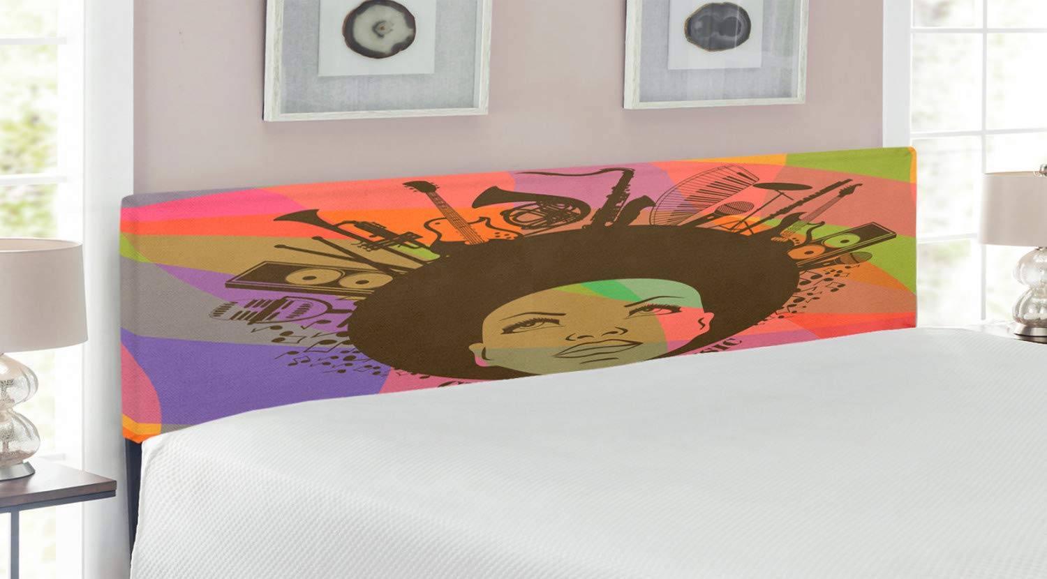 Ambesonne Music Themed Headboard - American Young Woman Portrait with Musical Instruments Print, Upholstered Decorative Metal Bed Frame with Memory Foam - King Size Multicolor Headboard for Bedroom Decor | Perfect for Music Lovers' Bedroom, Guest Room or Dormitory