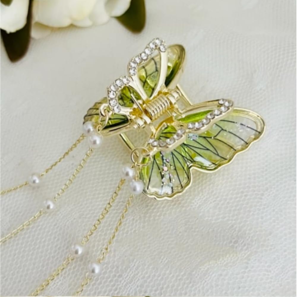 RSJ TRADERS - Blue Butterfly 3D Rhinestone Hair Claw Clip for Women & Girls | Wedding Hair Accessories with Crystal Tassel | Strong Hold for Thick Hair | Perfect for Parties, Prom & Special Occasions