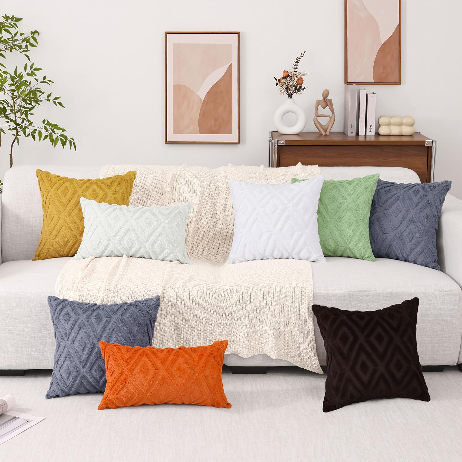 Pallene Soft Faux Fur Throw Pillow Covers 26x26 Set of 2 - Plush Wool Decorative Couch Pillow Covers for Sofa, Bed, Living Room - 3D Diamond Pattern Blue Grey - Perfect for Home Decor, Cozy Winter Nights & Modern Interior Design