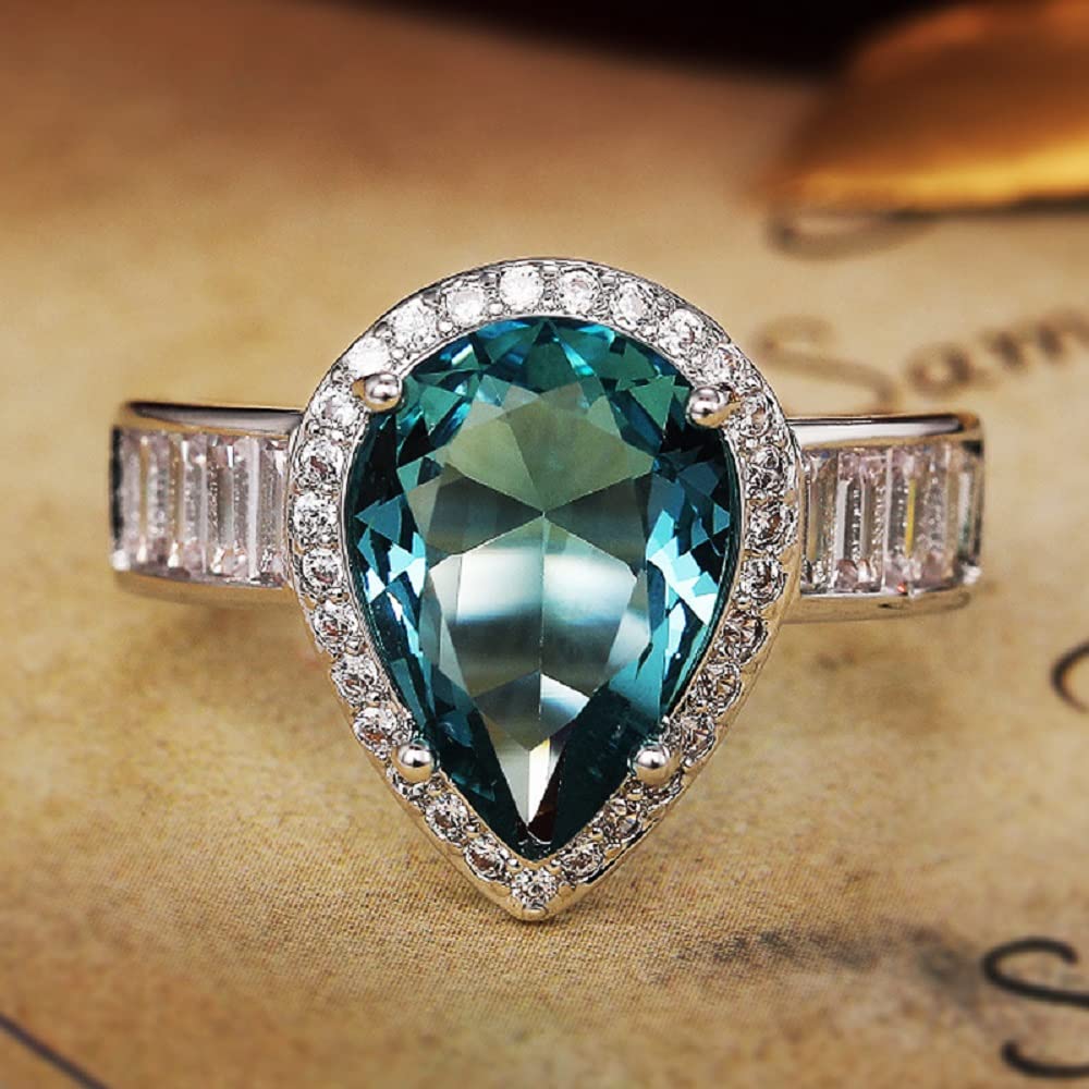 Elegant Waterdrop Pear Shape Cut Aquamarine Gemstone & Baguette CZ Zircon Promise Ring - Bridal Eternity Engagement Wedding Jewelry for Women - Perfect for Proposals, Anniversaries & Romantic Gifts