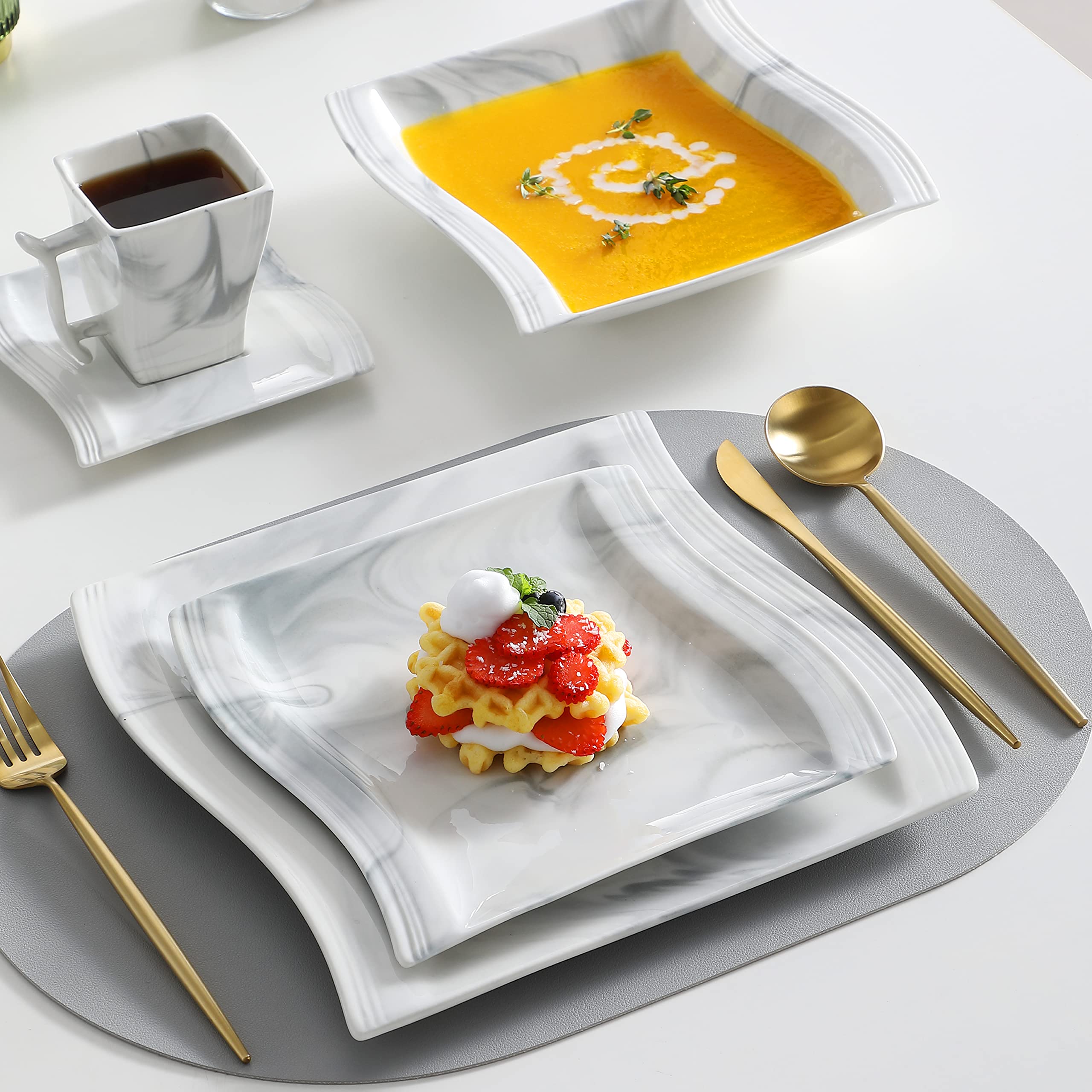 MALACASA 30-Piece Porcelain Dinnerware Set for 6 - Square Plates, Bowls, Cups & Saucers in Modern Marble Grey (Flora Series) - Perfect for Family Dinners, Parties & Restaurant Use
