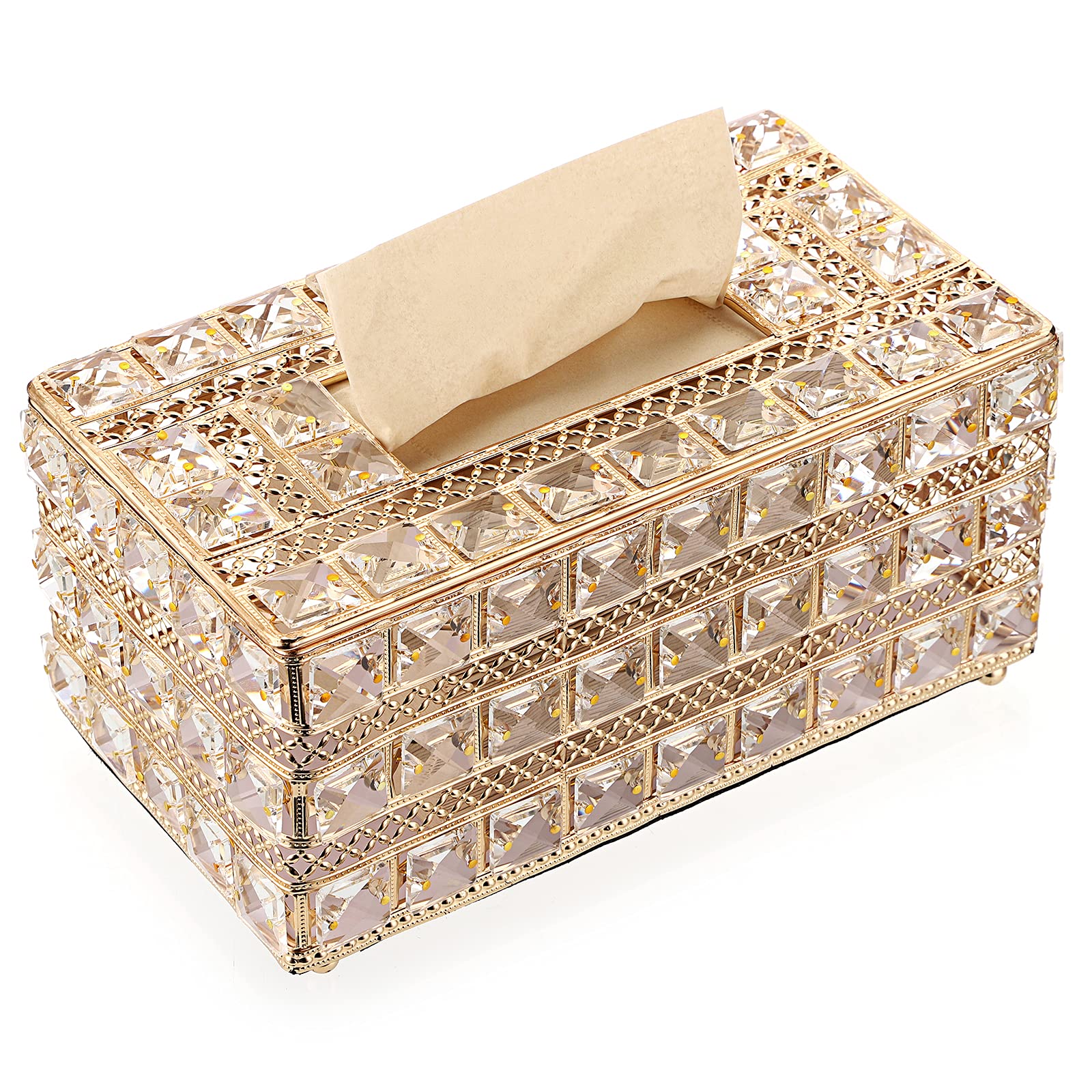 Sumnacon Crystal Rectangular Tissue Box Cover - Decorative Glass Tissue Holder with Gold Finish, Sparkling Napkin & Facial Tissue Dispenser for Bathroom, Dresser, Nightstand, Desk & Office Decor | Elegant Home Accessory for Living Room, Bedroom & Guest House