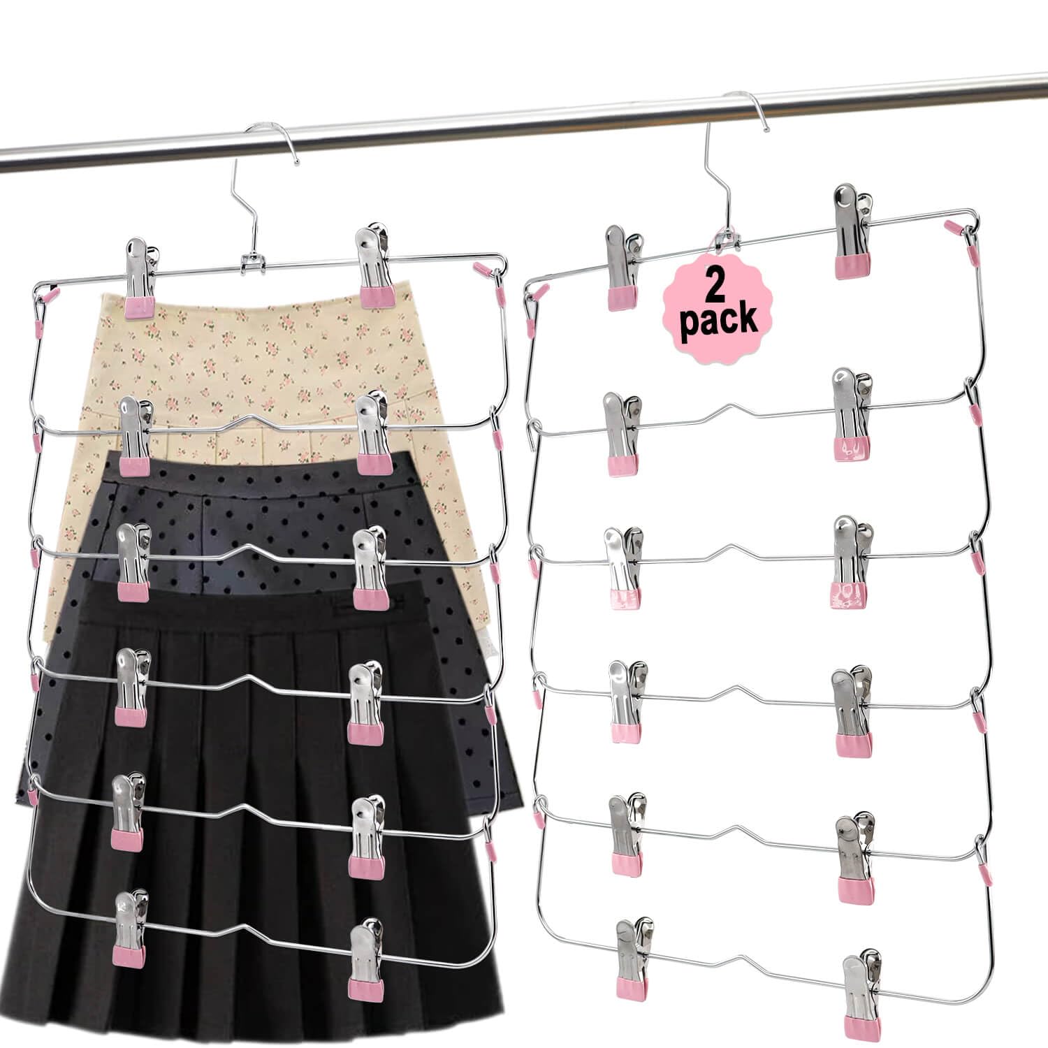 6-Tier Metal Skirt Pants Hangers with Clips - Space Saving Non-Slip Closet Organizer for Shorts, Skirts & Clothes (2 Pack, Pink) - Perfect for Wardrobe Organization & Small Closet Storage