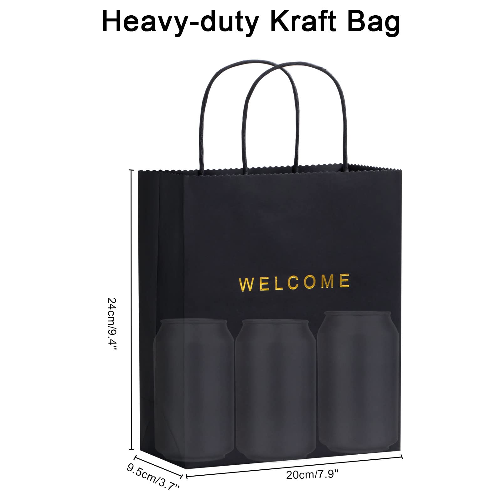 50 Pack Black Welcome Gift Bags with Handles - 7.9 x 3.7 x 9.4 Inches, 250g Paper - Perfect for Weddings, Parties, Retail & Shopping Bags - Bulk Welcome Bags for Guests, Bridal Showers & Corporate Events