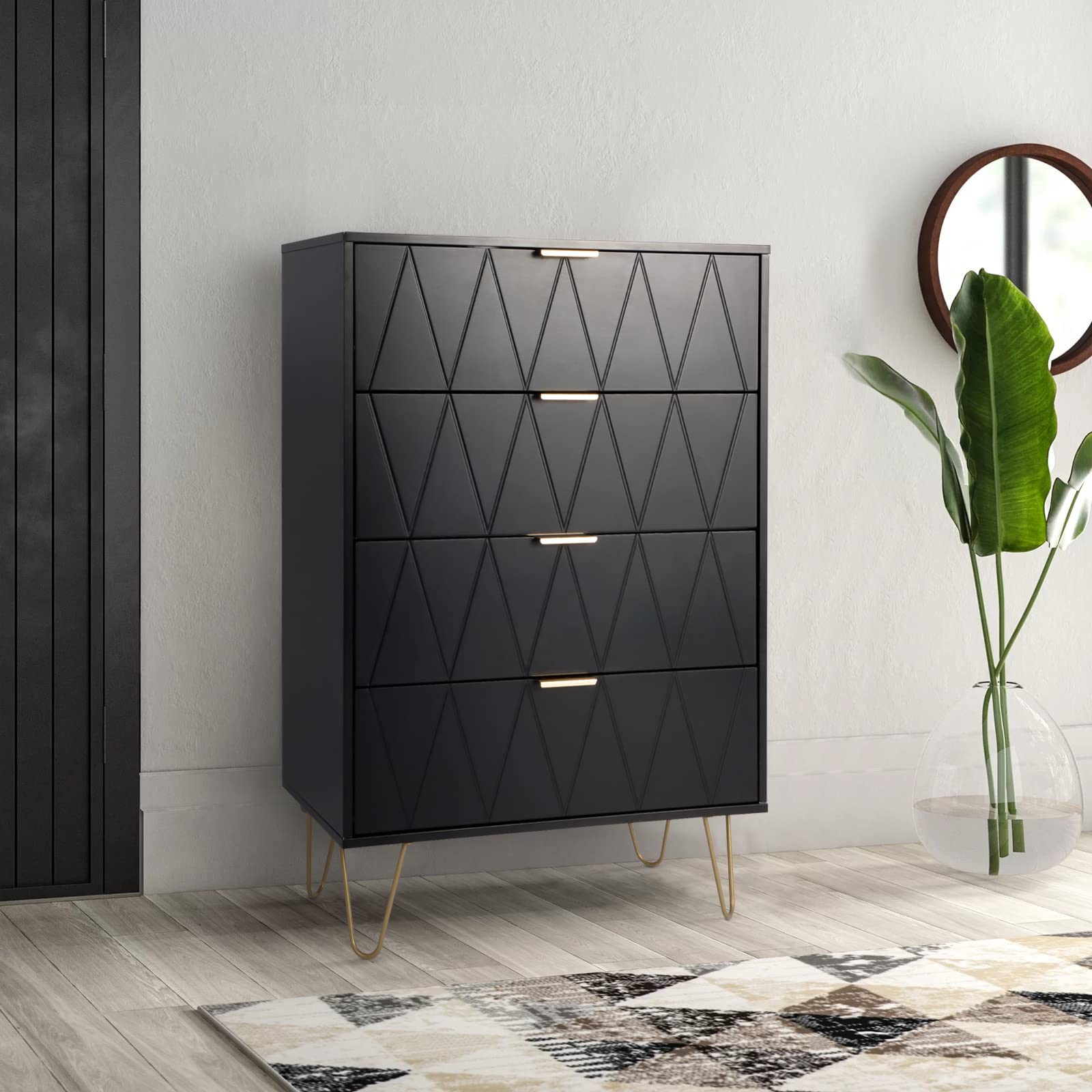 4-Drawer Wooden Dresser with Metal Legs & Anti-Tipping Device - Modern Chest of Drawers for Bedroom & Living Room - Black UEV Dresser Set - Perfect for Home Organization & Storage Solutions