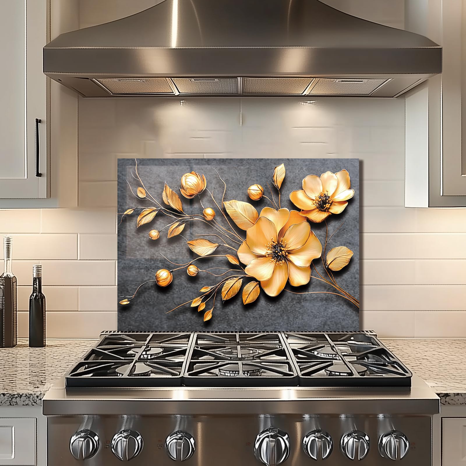 3D Golden Flower Tempered Glass Kitchen Backsplash - Stove Splash Guard, Sink Cover, Decorative Splashback Tile (70x50cm) - Perfect for Modern Home Kitchen Decor & Easy Cleaning