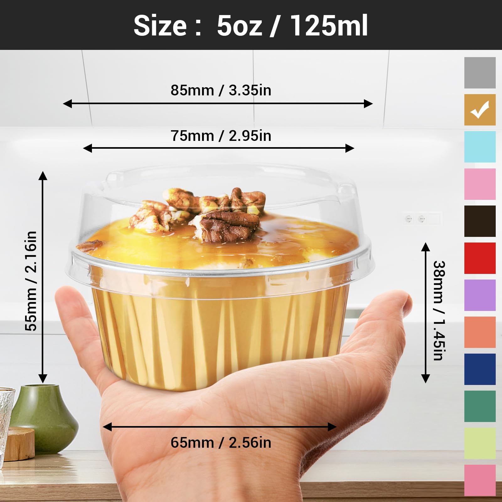 EUSOAR 100pcs 5oz Aluminum Muffin Cups with Lids - Disposable Foil Baking Liners for Cupcakes, Creme Brulee & Desserts - Reusable Ramekins for Baking, Party Serving & Meal Prep