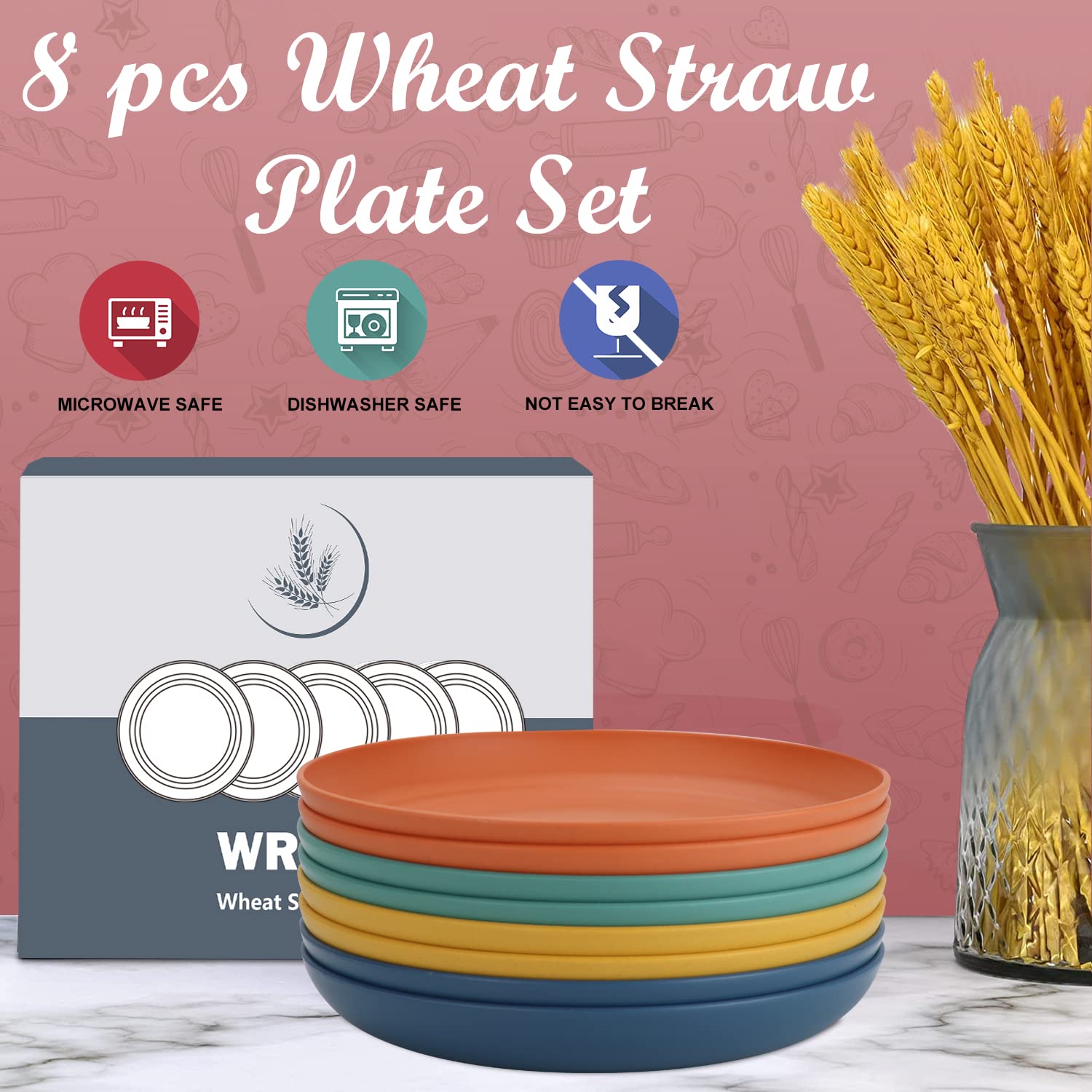 Eco-Friendly Wheat Straw Dinner Plates Set of 8 - 8 Inch Unbreakable & Lightweight Plates - Microwave & Dishwasher Safe Reusable Plates for Kitchen, Camping, RV, Picnics, and Outdoor Dining (Colorful Series)
