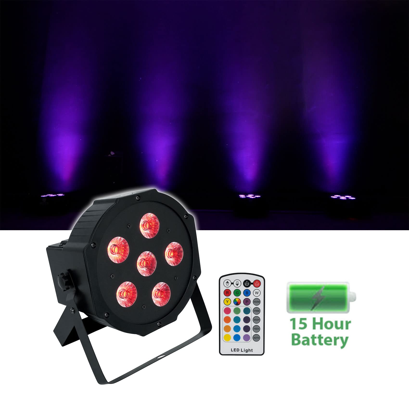 Rockville Rechargeable PAR 6RF Battery RGBWA+UV Wireless DMX Lights with RF Remote - Perfect for Stage Lighting, DJ Shows, and Live Events