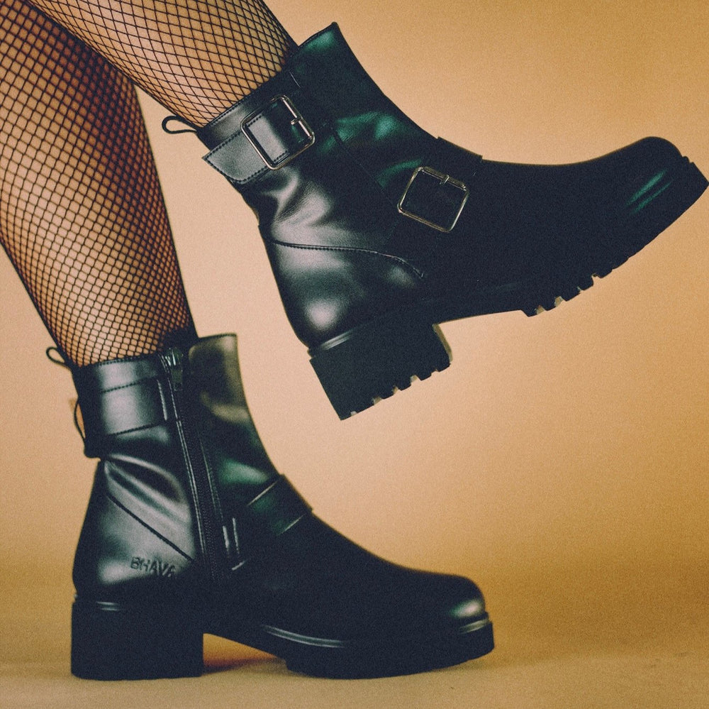 Bhava Black Moto Buckle Boots - Stylish Motorcycle Ankle Boots for Women | Perfect for Riding, Casual Wear & Night Out