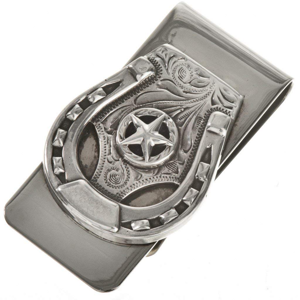 Authentic Navajo Silver Horseshoe Money Clip with Texas Star - Western Unisex Accessory for Cash & Cards - Perfect for Cowboy Boots, Wallets & Western Fashion (Silver Clamp 0309)