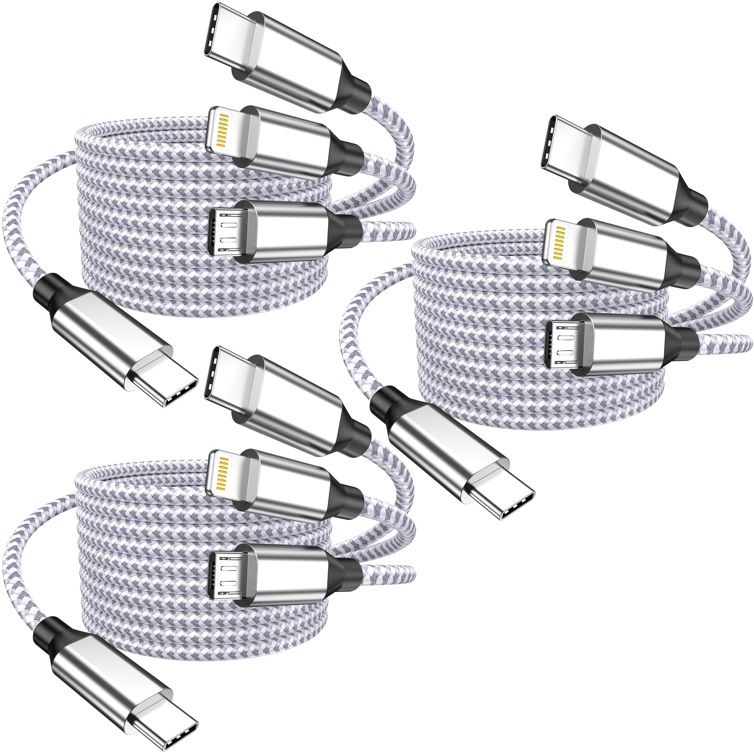 3-Pack 4FT USB C to Lightning/Micro USB/Type C 3-in-1 Fast Charging Cable - MFi Certified Nylon Braided Multi Charger for iPhone, iPad, Samsung - Perfect for Home, Office & Travel Charging Needs