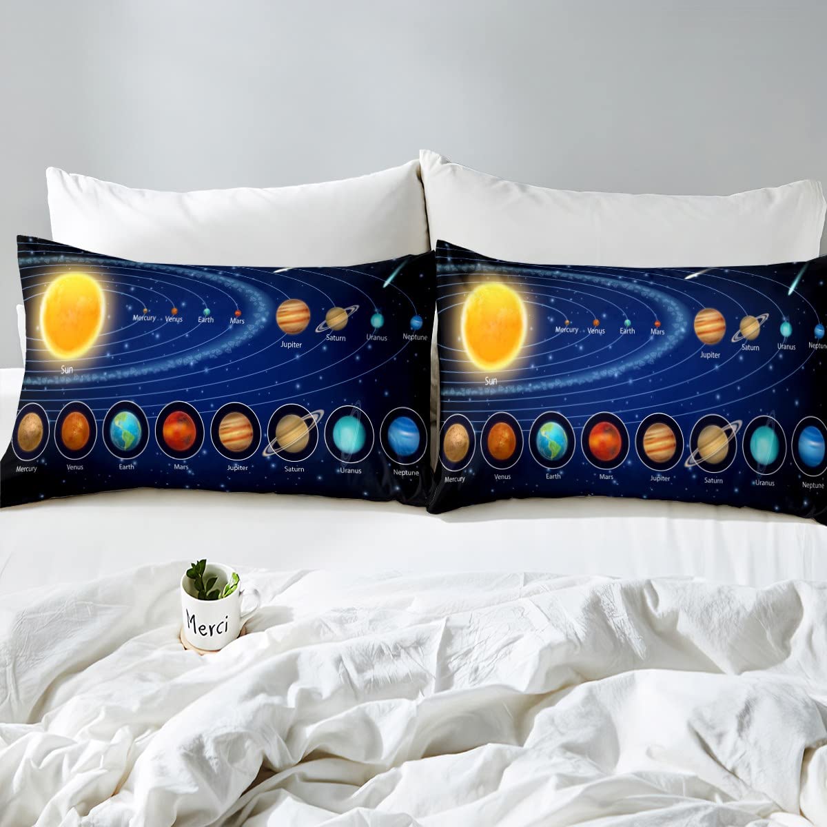 Feelyou Solar System Galaxy Print Fitted Sheet Set - Queen Size Space Themed Bedding with 8 Planets Design (Includes 1 Fitted Sheet & 2 Pillowcases) for Astronomy Lovers' Bedroom Decor