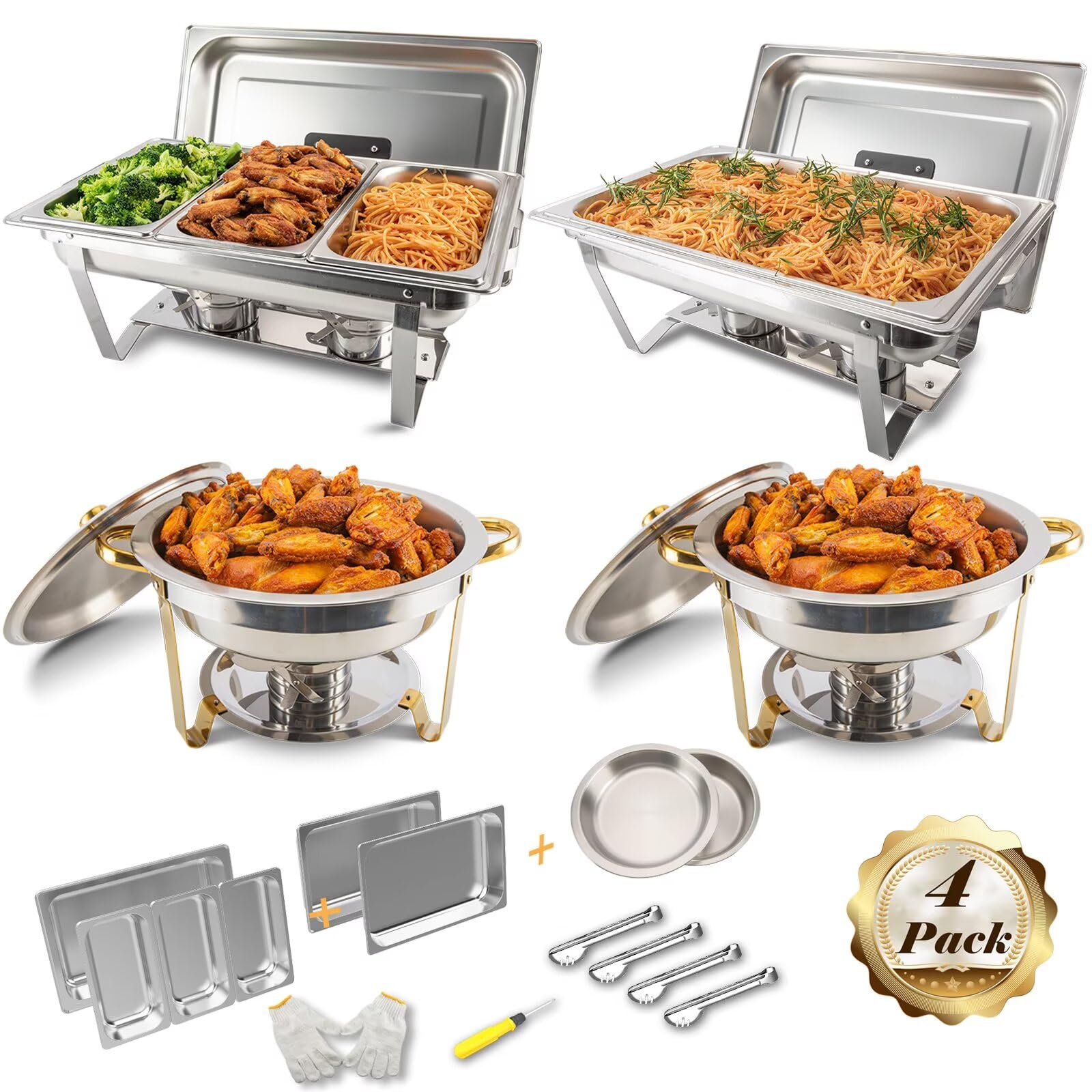 4 Pack Stainless Steel Chafing Dish Buffet Set - 5 QT Round & 8 QT Rectangular Food Warmers with Full, 1/3 Pans & Fuel Holder | Foldable Frame for Catering, Buffets, Weddings & Party Events | Commercial Grade Food Warmer for Restaurants & Banquets