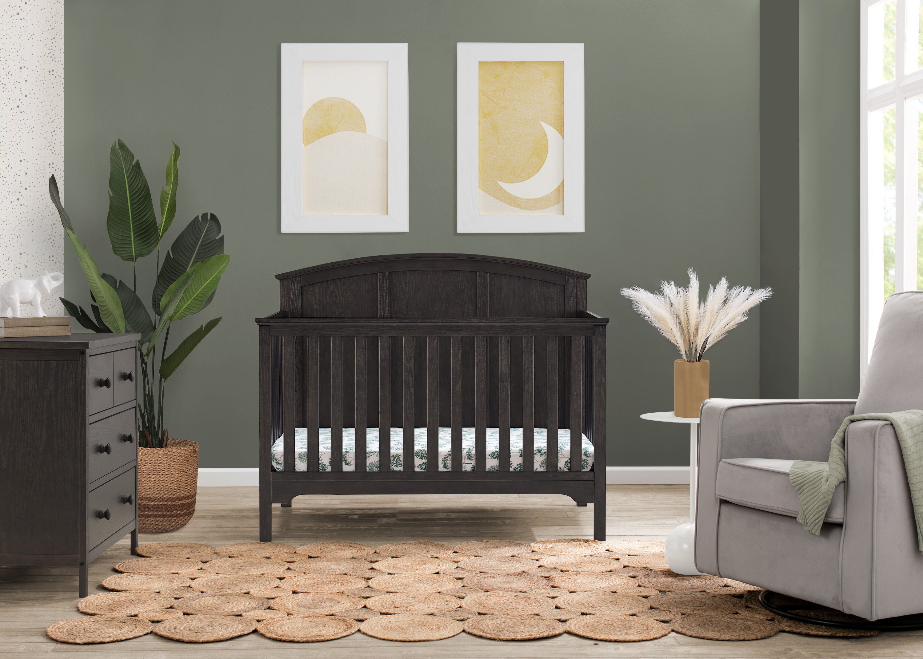 Sweet Beginnings Sage Curve 6-in-1 Convertible Crib - Nursery Furniture for Baby to Toddler Bed with Adjustable Height, Perfect for Modern Nurseries and Small Spaces