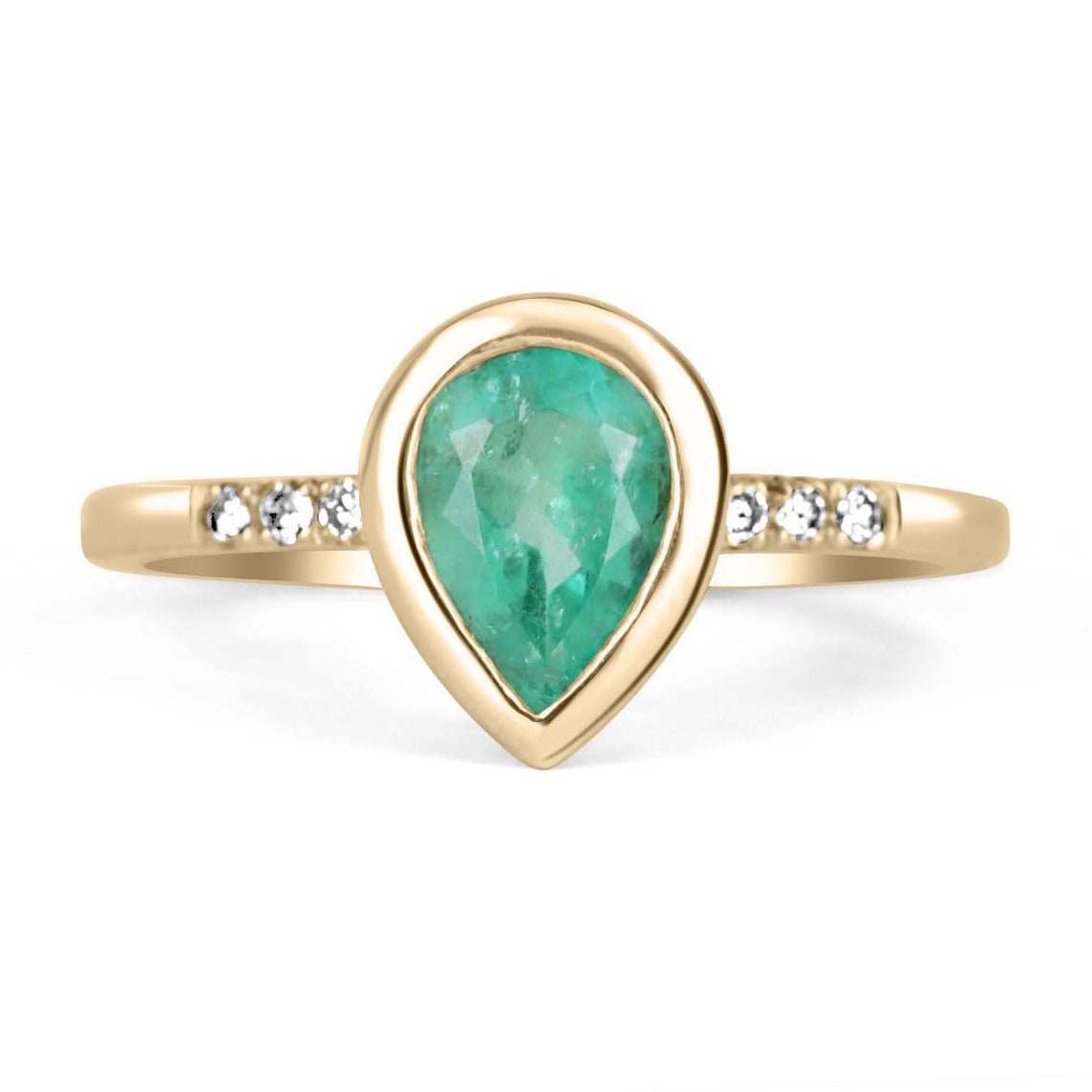 1.06tcw Bezel Set Colombian Emerald Pear & Diamond Ring in 14K Gold - Elegant Jewelry for Weddings, Anniversaries & Special Occasions