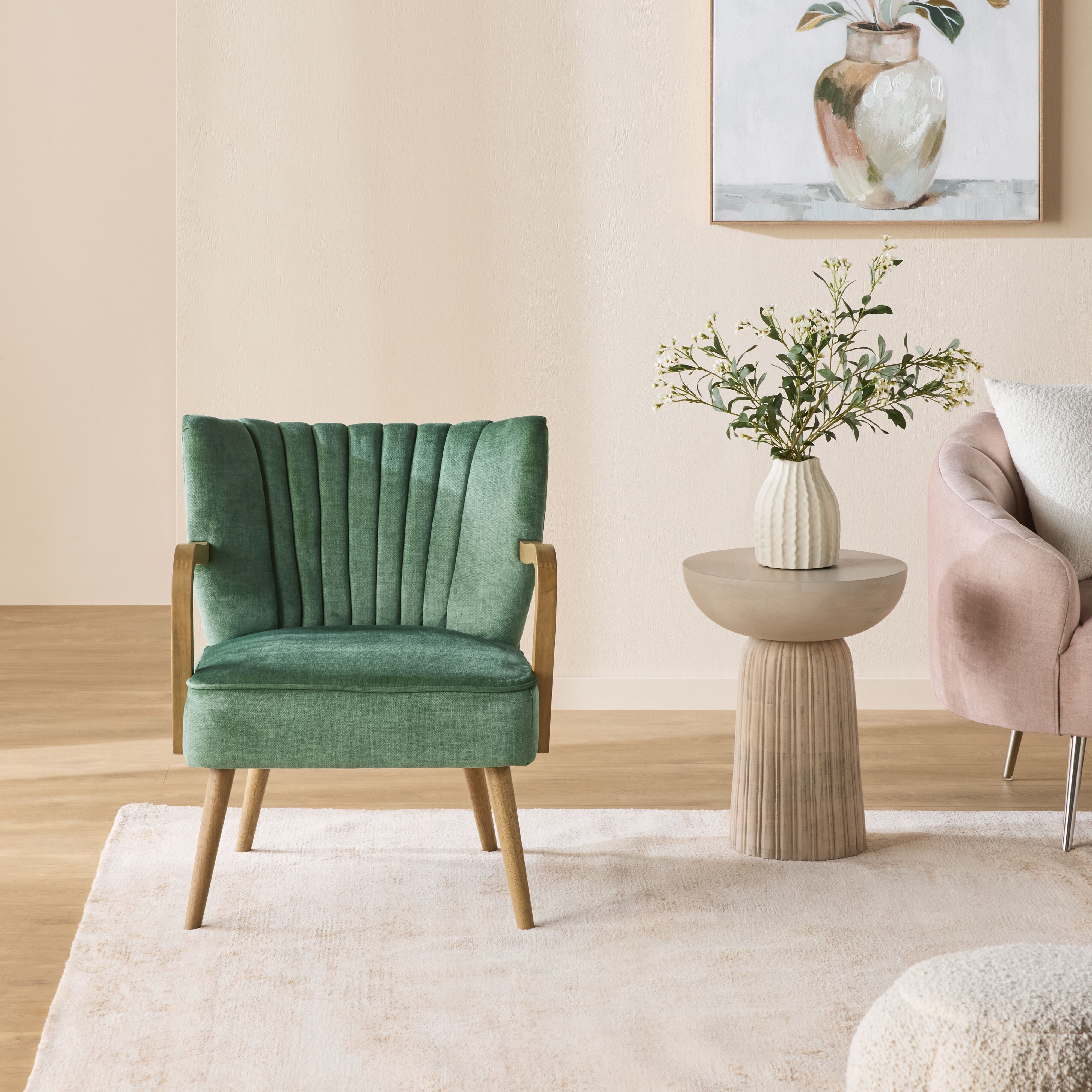 Bello Occasional Chair - Modern Accent Chair with Wooden Legs, Upholstered in Luxurious Aura Jade Fabric - Perfect for Living Room, Bedroom or Office Decor