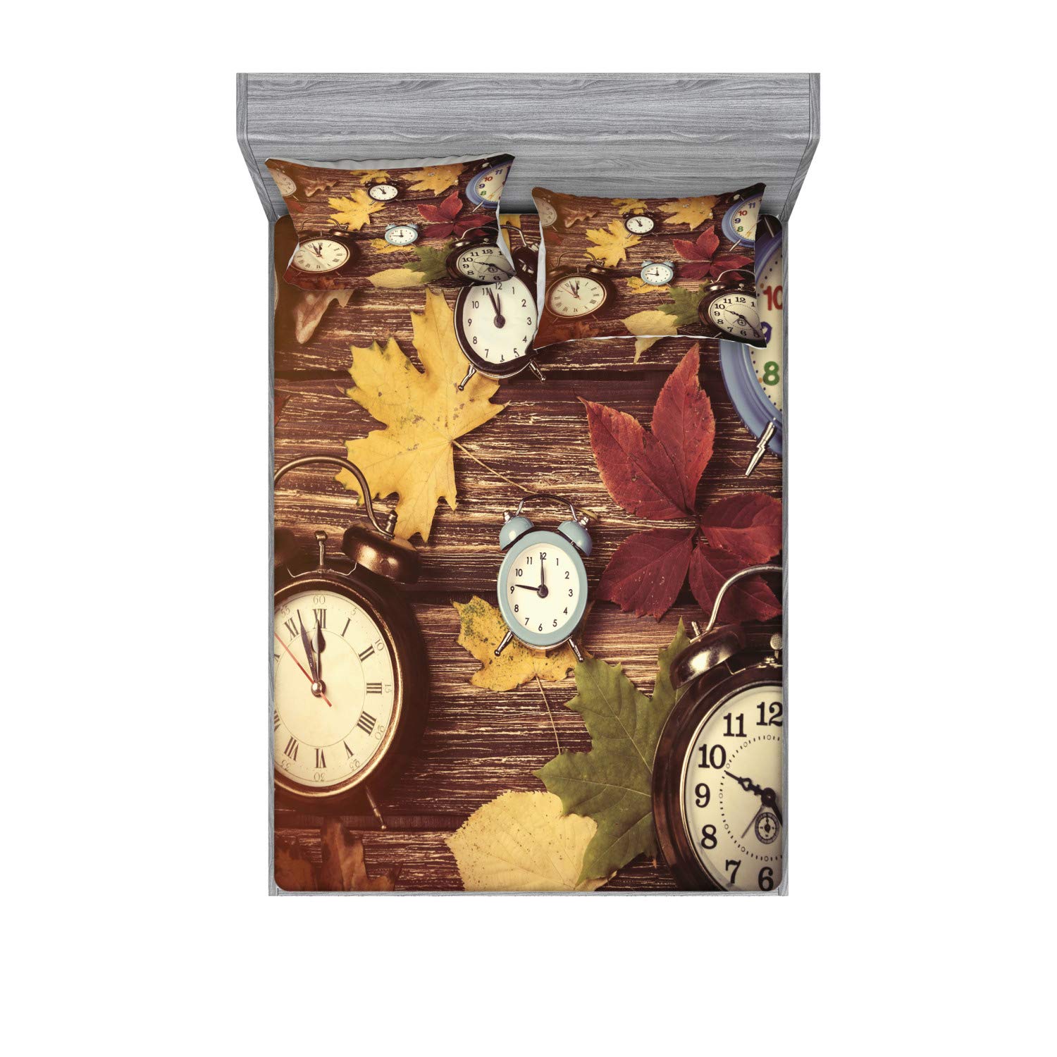 Ambesonne Autumn Fitted Sheet & Pillow Sham Set - Dry Maple Leaves and Vintage Alarm Clocks Print, 3-Piece Full Size Bedding Set for Fall Home Decor | Cozy Seasonal Bedroom Upgrade for Thanksgiving & Holiday Gatherings