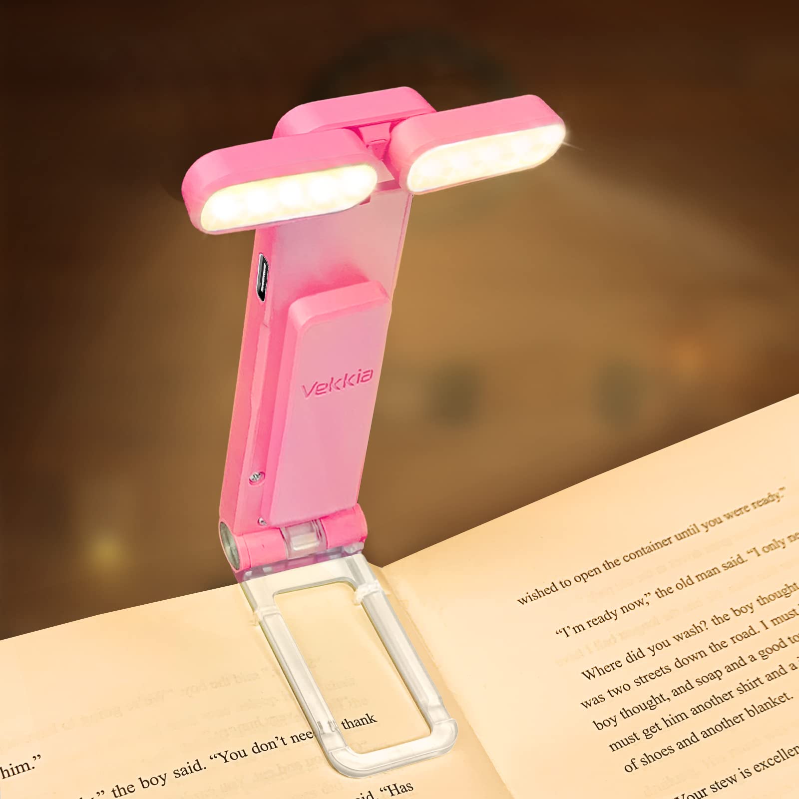 Vekkia 10 LED USB Rechargeable Clip-On Book Light - 3 Color Modes & 5 Brightness Levels, Portable Reading Lamp for Bed, Night Reading, Travel, and Book Lovers (Pink)