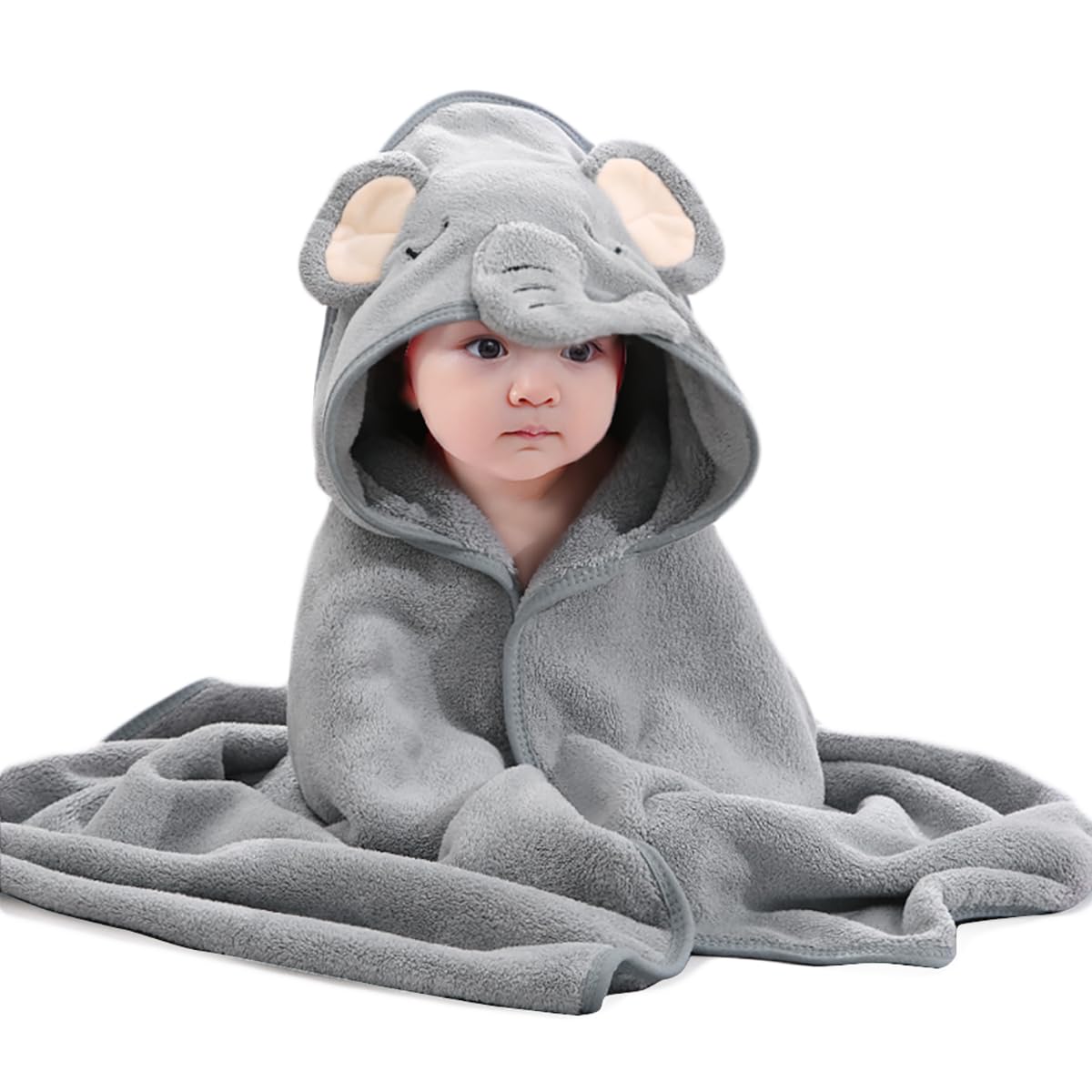 HiABsee Ultra Soft Hooded Baby Towels for Newborns - Grey Elephant Design, Absorbent Bath Towel for Boys & Girls | Perfect for Post-Bath, Swimming & Photo Shoots