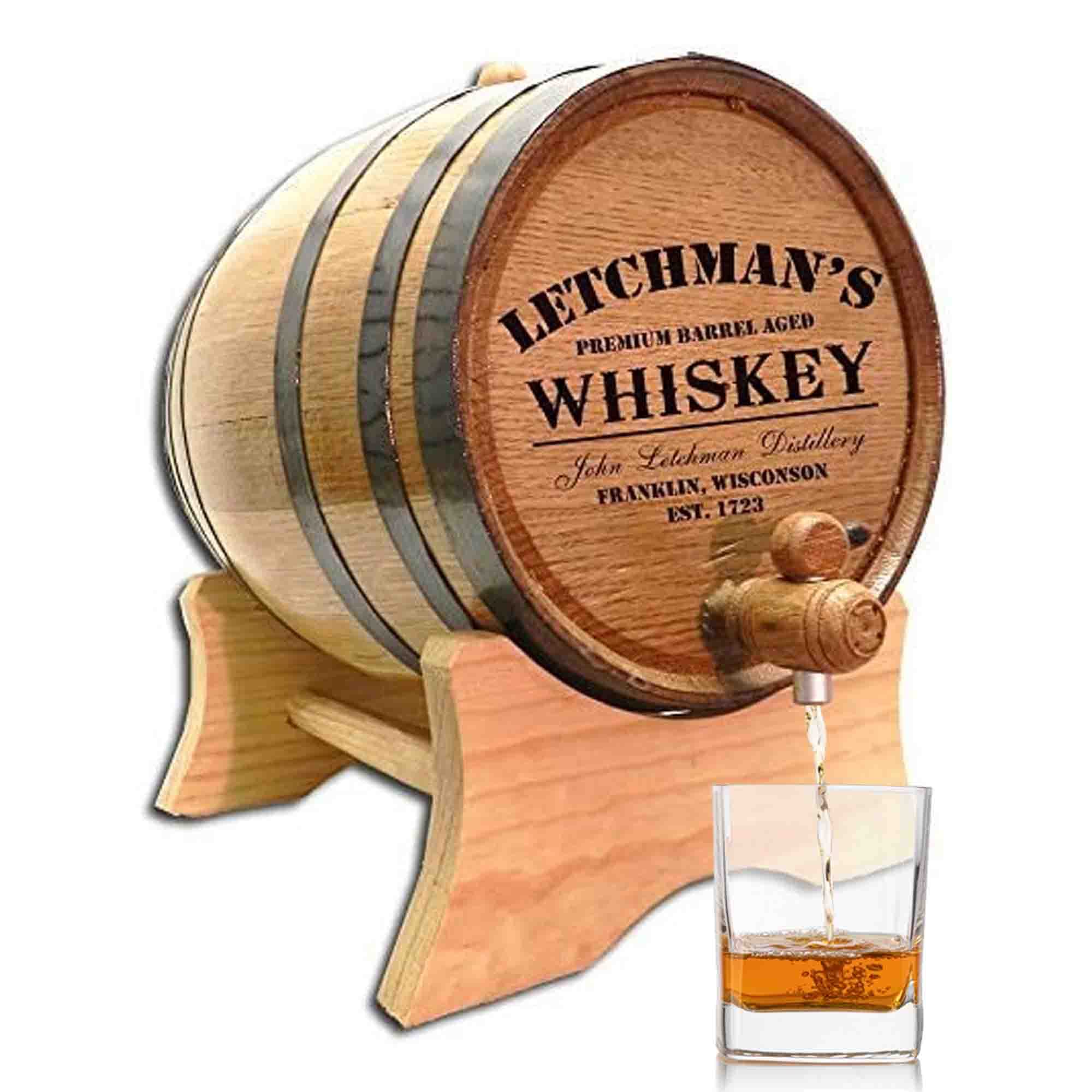 Personalized 10 Liter (2.5 Gallon) American Oak Whiskey Aging Barrel with Stand, Bung & Spigot - Perfect for Aging Bourbon, Rum, Tequila, Wine & Craft Cocktails | Engraved Custom Whiskey Barrel Design | Home Bar, Man Cave & Distillery Use