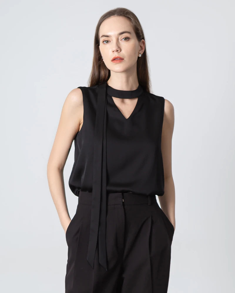 Elegant V-Neck Tie Front Sleeveless Silk Blouse for Women - Perfect for Office Wear, Date Night & Special Occasions