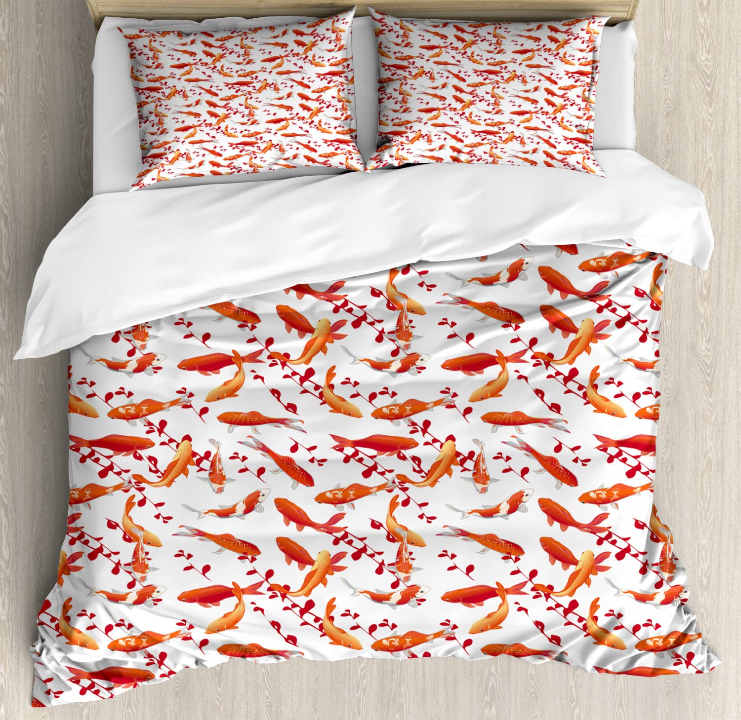 Ambesonne Japanese Traditional Fish Duvet Cover Set - Queen Size 2-Pack with 2 Duvet Covers & 4 Pillowcases - Orange White Aquatic Creature Leaf Branch Abstract Design for Bedroom Decor | Perfect for Asian-Themed Home, Guest Room or Coastal Style Bedding