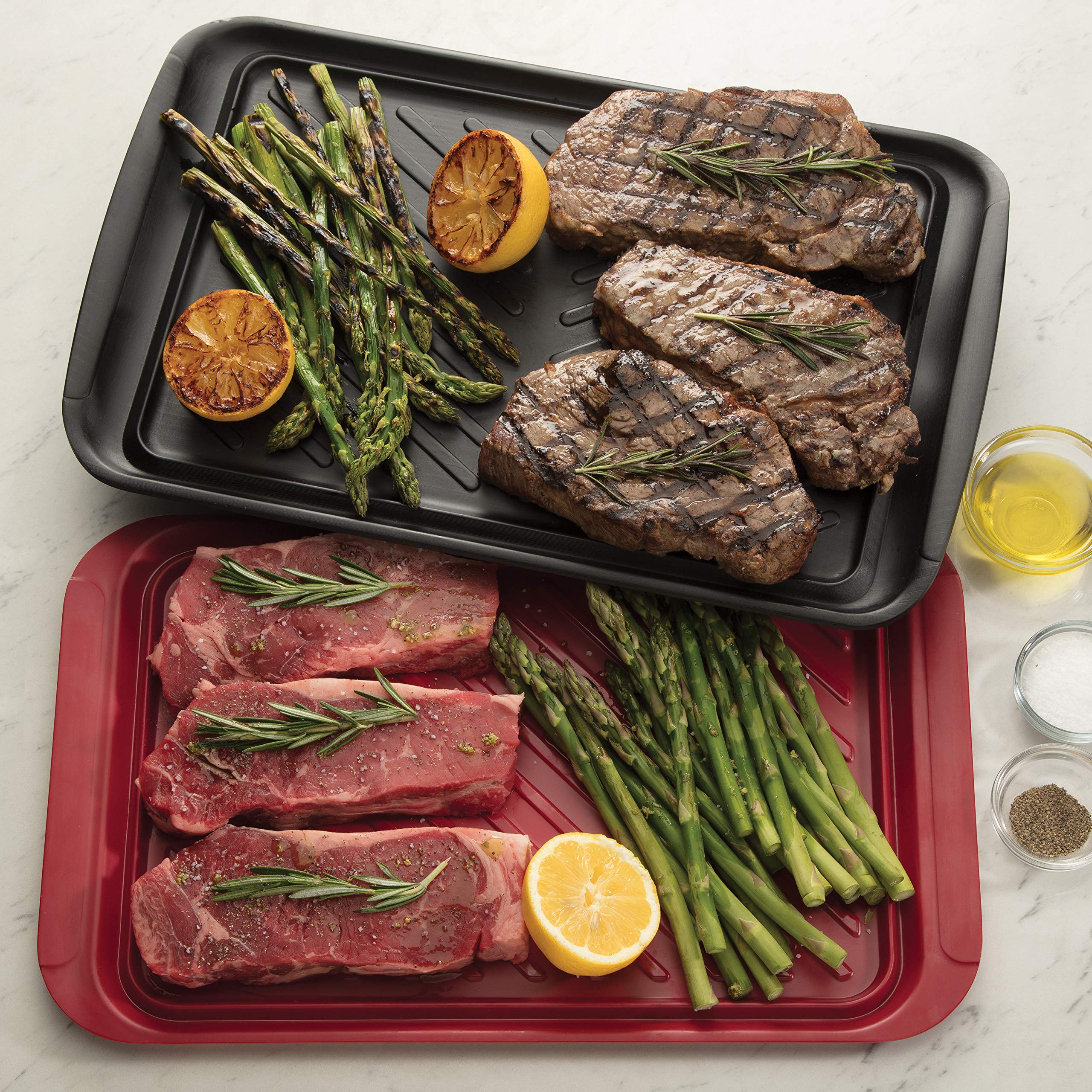 Premium Cuisinart Grill Tray Set - 3-Piece BBQ Cooking Accessories Kit with Prep & Serve Trays (Black/Red) + Fast Defrosting Tray (Black) for Outdoor Grilling, Backyard Parties & Quick Meal Prep