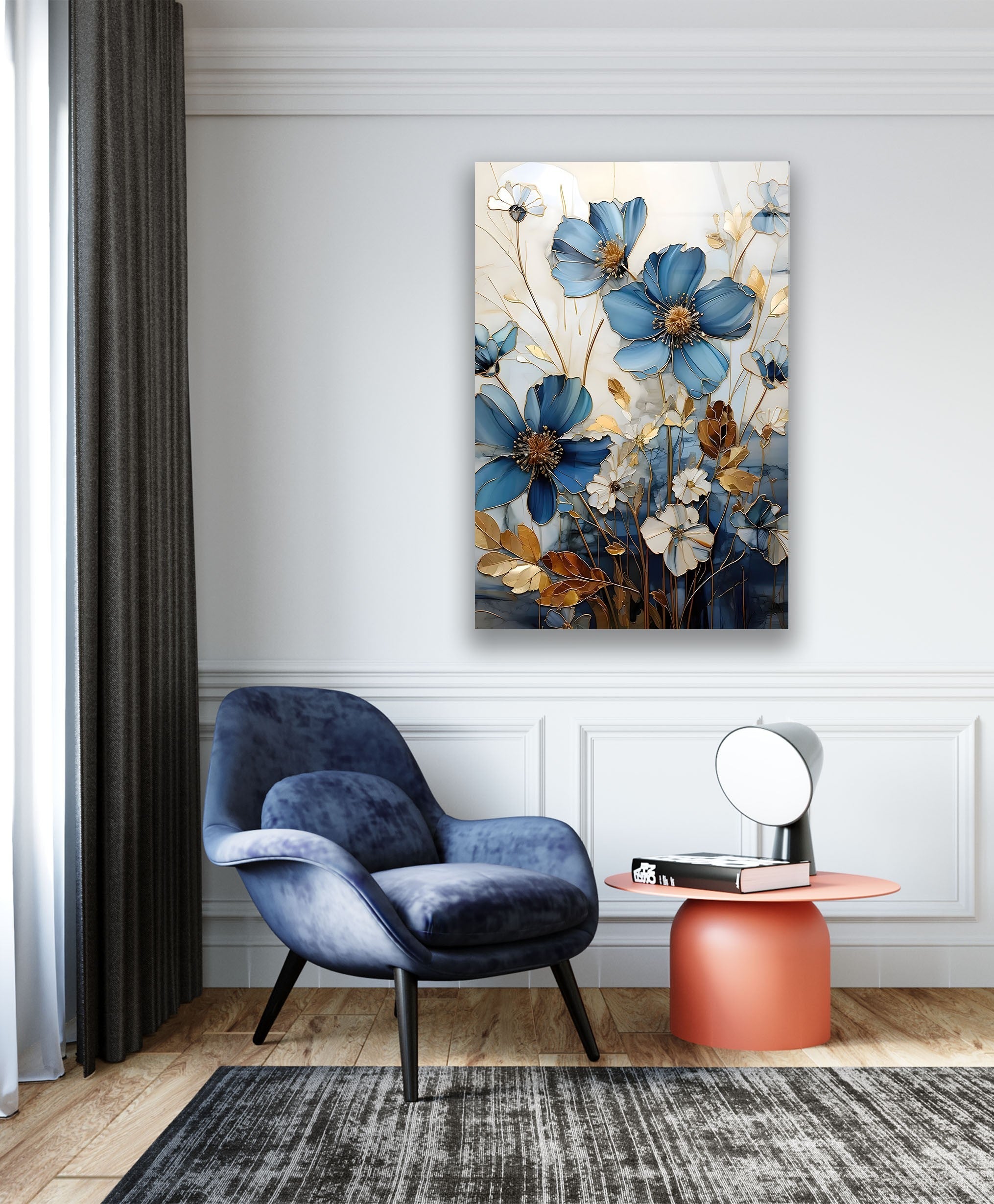 Blue and White Botanical Glass Wall Art - Handmade Floral Decor for Living Room, Bedroom, or Office - Perfect for Home and Office Decorations