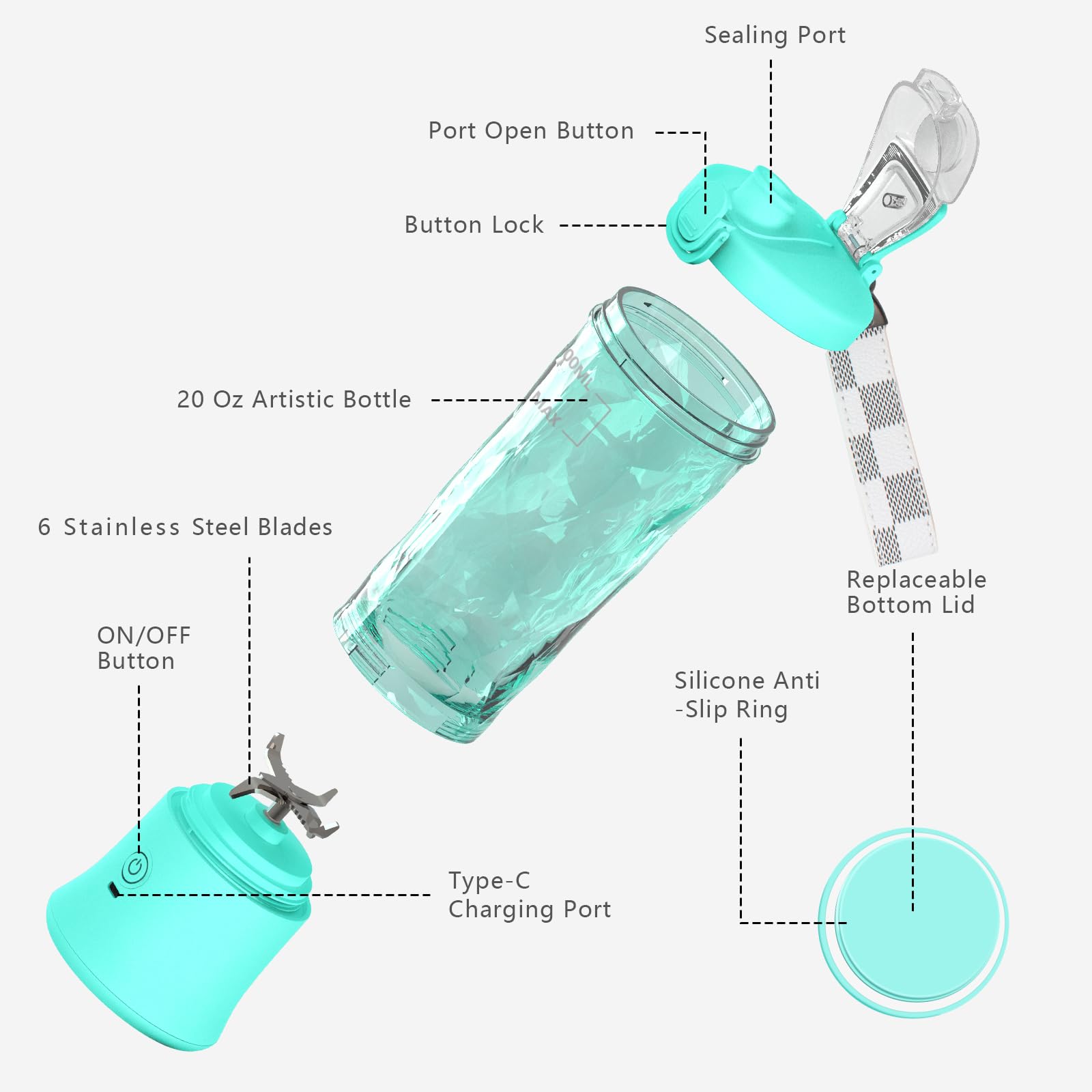 UPMSX 21oz Portable Blender for Smoothies & Shakes - 6 Blade USB Rechargeable Mini Blender - BPA Free Personal Blender for Fruits, Vegetables - Perfect for Home, Office, Gym & Outdoor Camping Use