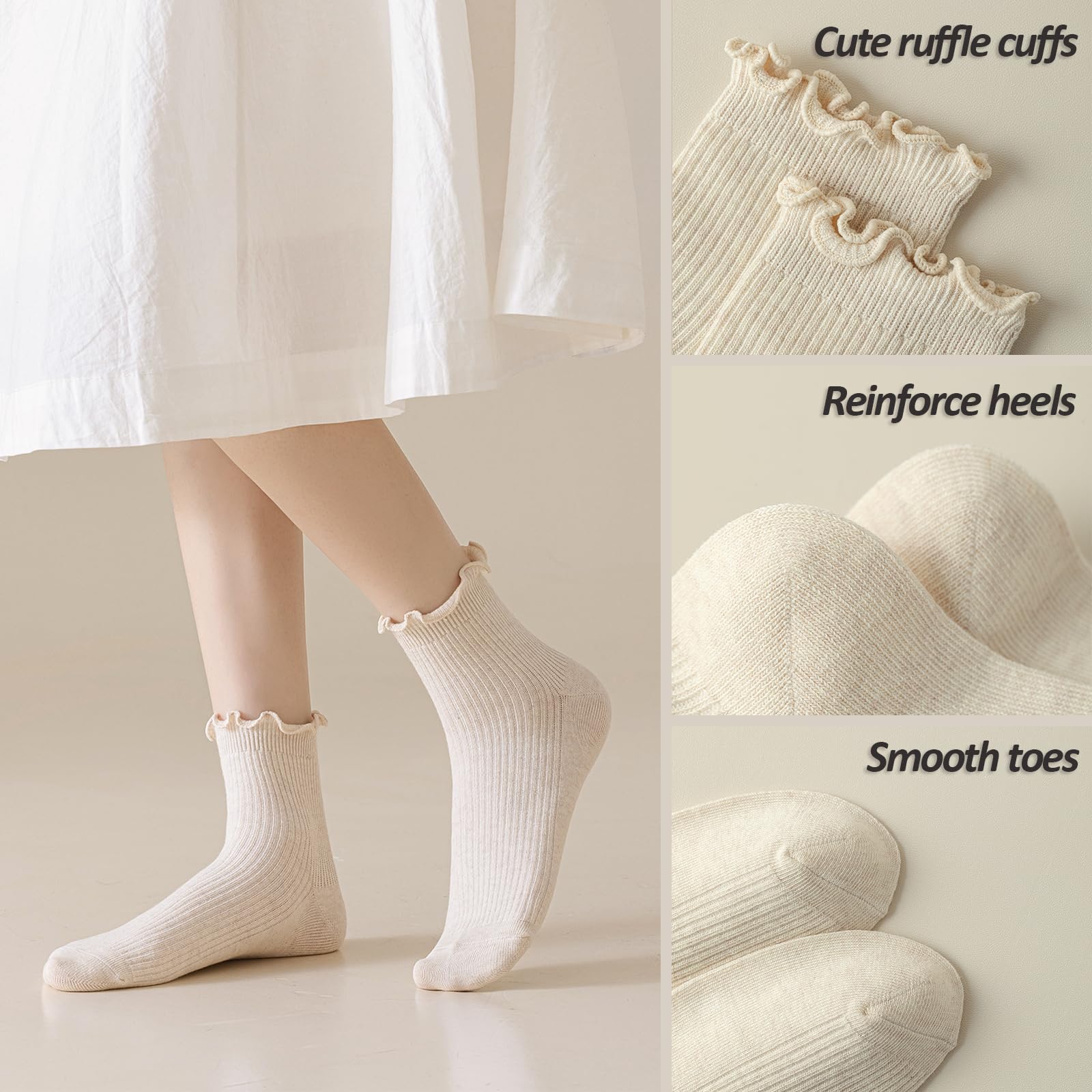 Mcool Mary Women's Cotton Crew Socks 6-Pack - Cute Ruffle Ankle Socks for Casual Wear