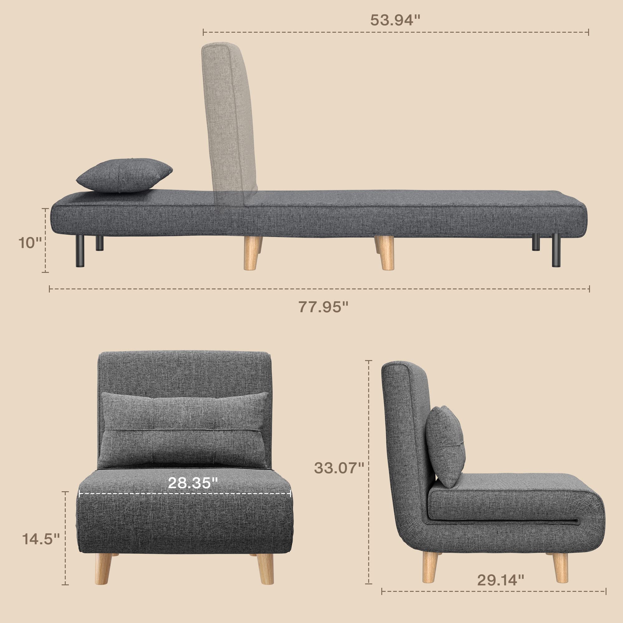 AIHO 3-in-1 Convertible Sleeper Chair Bed - Adjustable Backrest Futon Sofa for Small Spaces | Guest Bed, Lounge Chair & Daybed for Apartments, Dorms, Offices & Living Rooms (Dark Grey) - Perfect for Overnight Guests, Napping & Space-Saving Solutions
