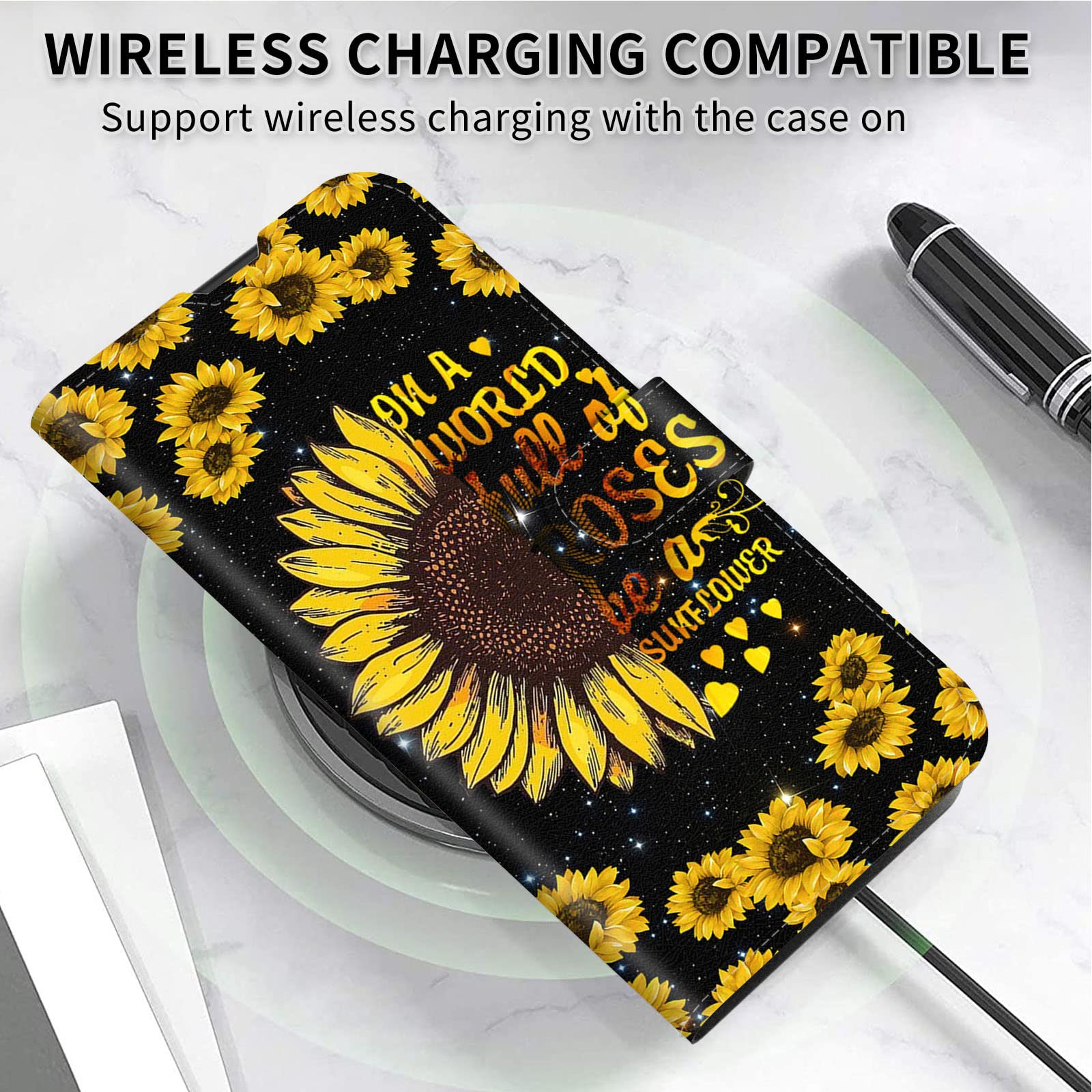 Magnetic PU Leather Wallet Case for iPhone 12 Pro Max (2020) - Flip Stand Cover with Card Holder & Sunflower Quotes | Compatible with iPhone 12 Pro Max | Perfect for Work, Travel & Everyday Use