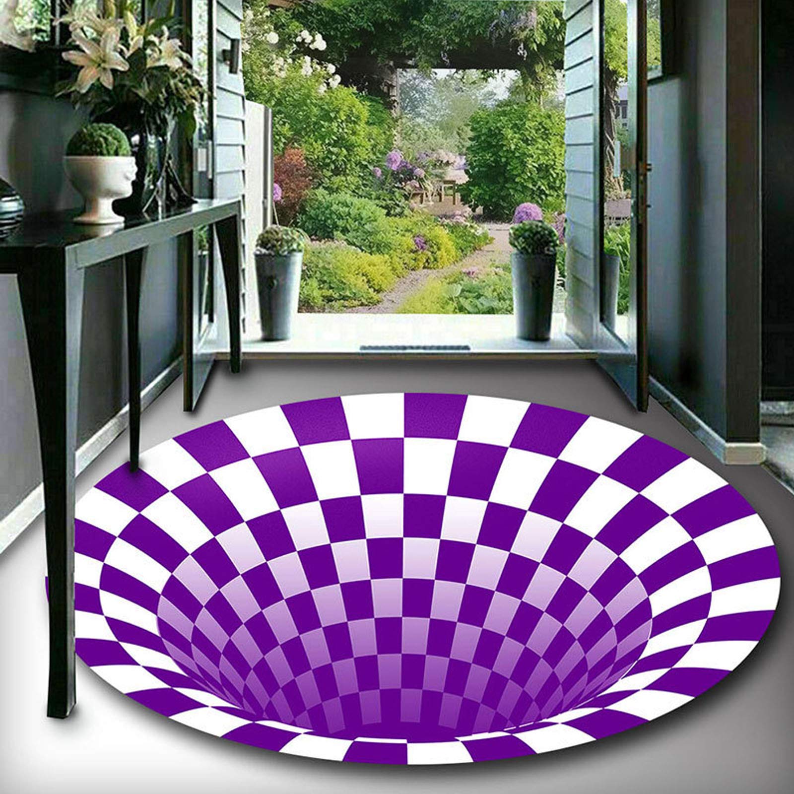 Lefran Anti-Skid Non-Woven Doormat - 3D Vortex Optical Illusion Round Rug 60x60cm (24x24inch) Purple - Non-Slip Floor Mat for Home Entryway, Living Room, Bedroom Decor