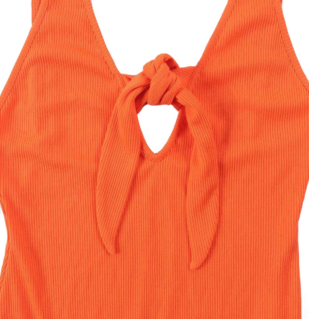 Women's V-Neck Ribbed Tie-Up Bodysuit - Sexy Backless Leotard Top for Casual Wear, Night Out & Dance Performance