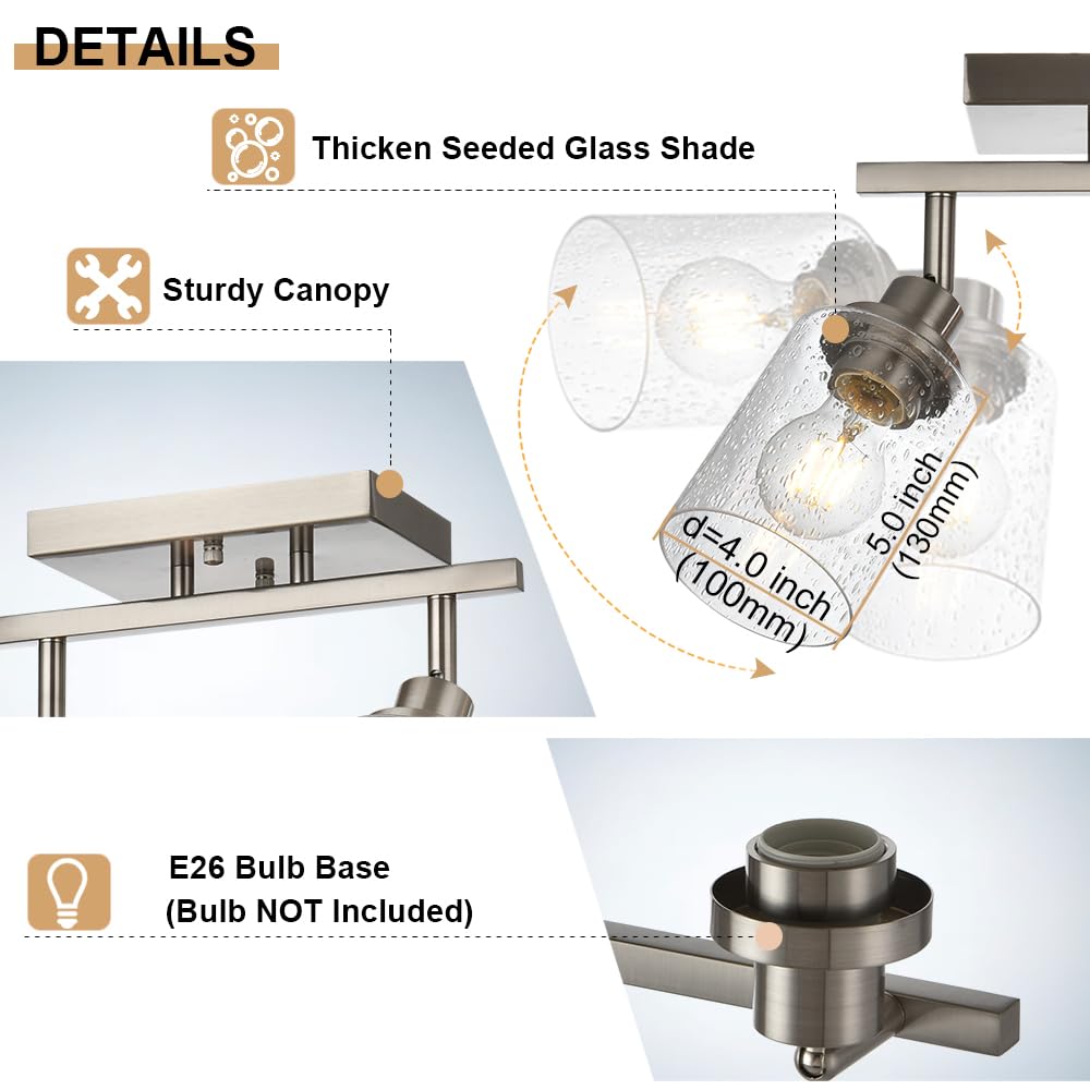 3-Light Adjustable Track Lighting Kit - Brushed Nickel Semi-Flush Mount Ceiling Light with Seeded Glass Shades - Perfect for Kitchen, Living Room & Vanity Lighting | Modern Spotlight Fixture for Home & Office