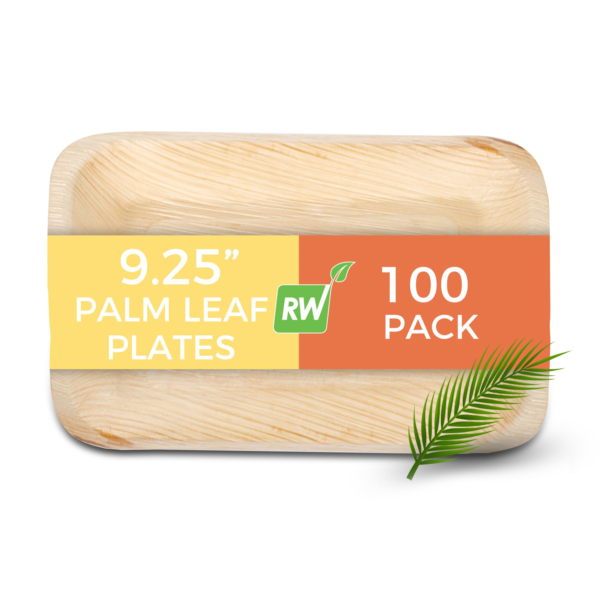 Restaurantware Indo 9.3 x 6.3 Inch Rectangle Palm Leaf Plates - 100 Pack Eco-Friendly, Microwavable & Freezable Areca Palm Leaf Dinner Plates for Hot & Cold Foods | Perfect for Parties, Picnics, Catering & Sustainable Dining