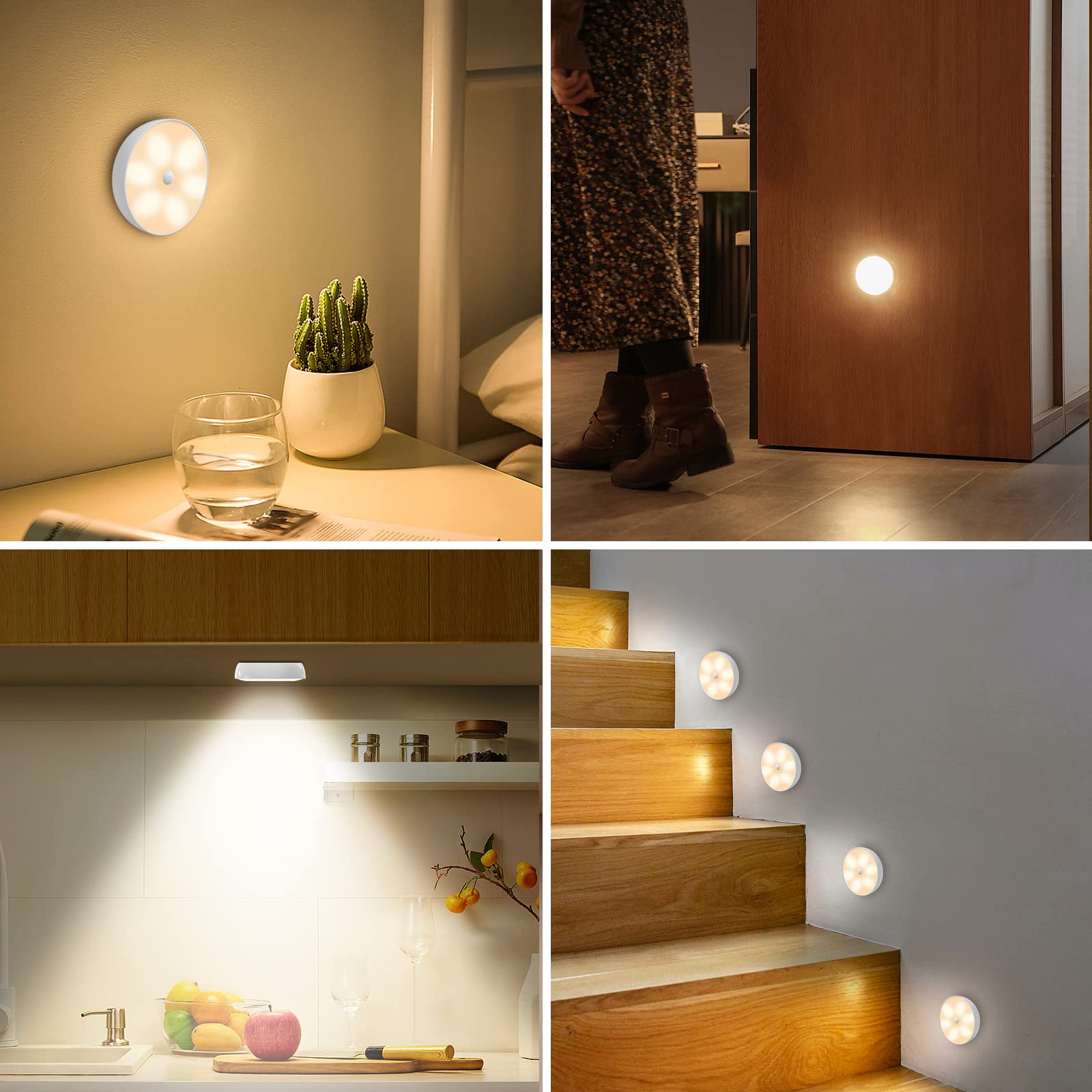 Warm White LED Closet Lights with Motion Sensor - USB Rechargeable Wireless Puck Lights, Dimmable Under Cabinet Lighting with Remote Control - Perfect for Wardrobe, Kitchen, Staircase (6 Pack)