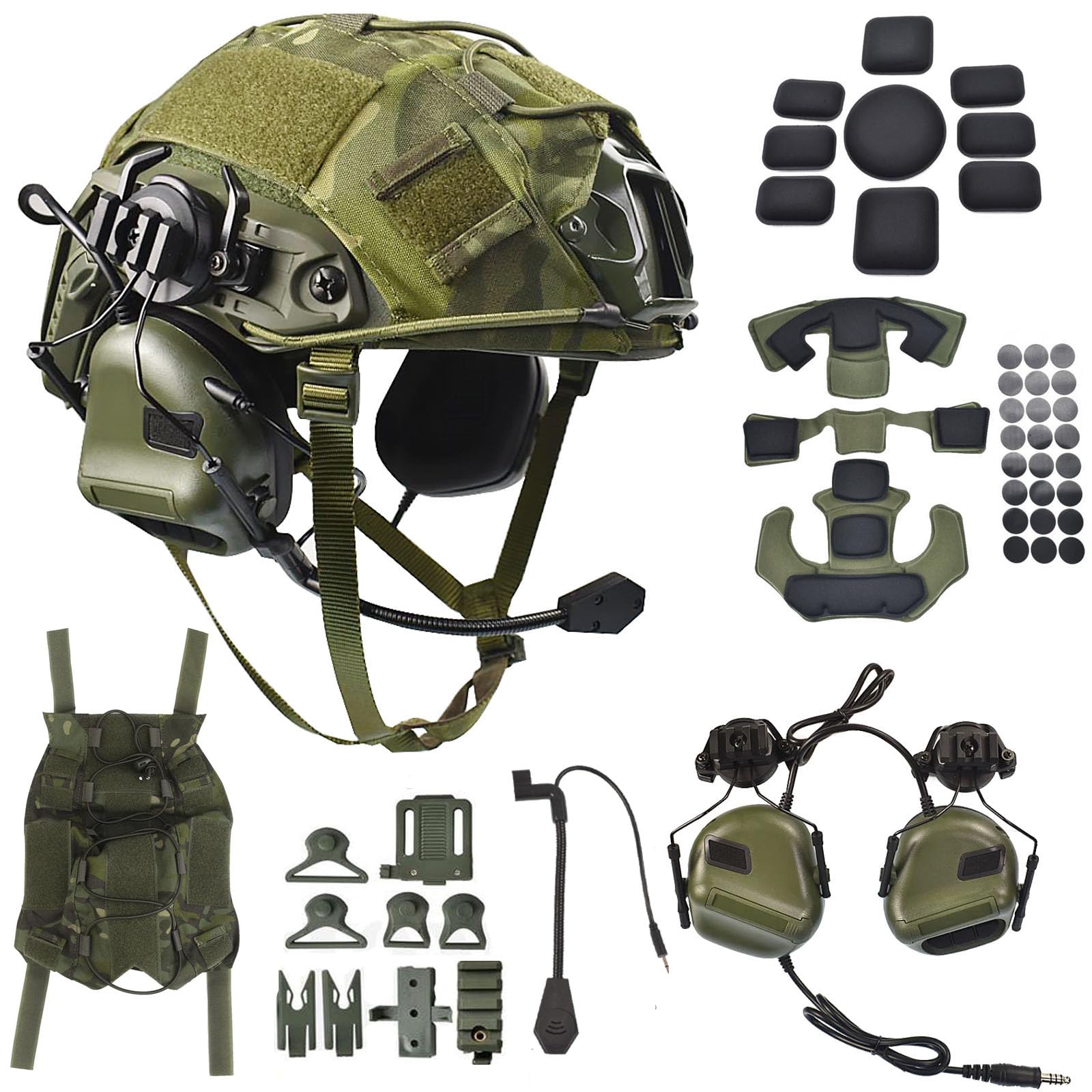 Tactical Airsoft Fast Helmet Set with Military Headset & Cover - Adjustable Memory Foam Protective Padding for Adults & Teens - Perfect for Paintball, Airsoft & Military Simulation Games