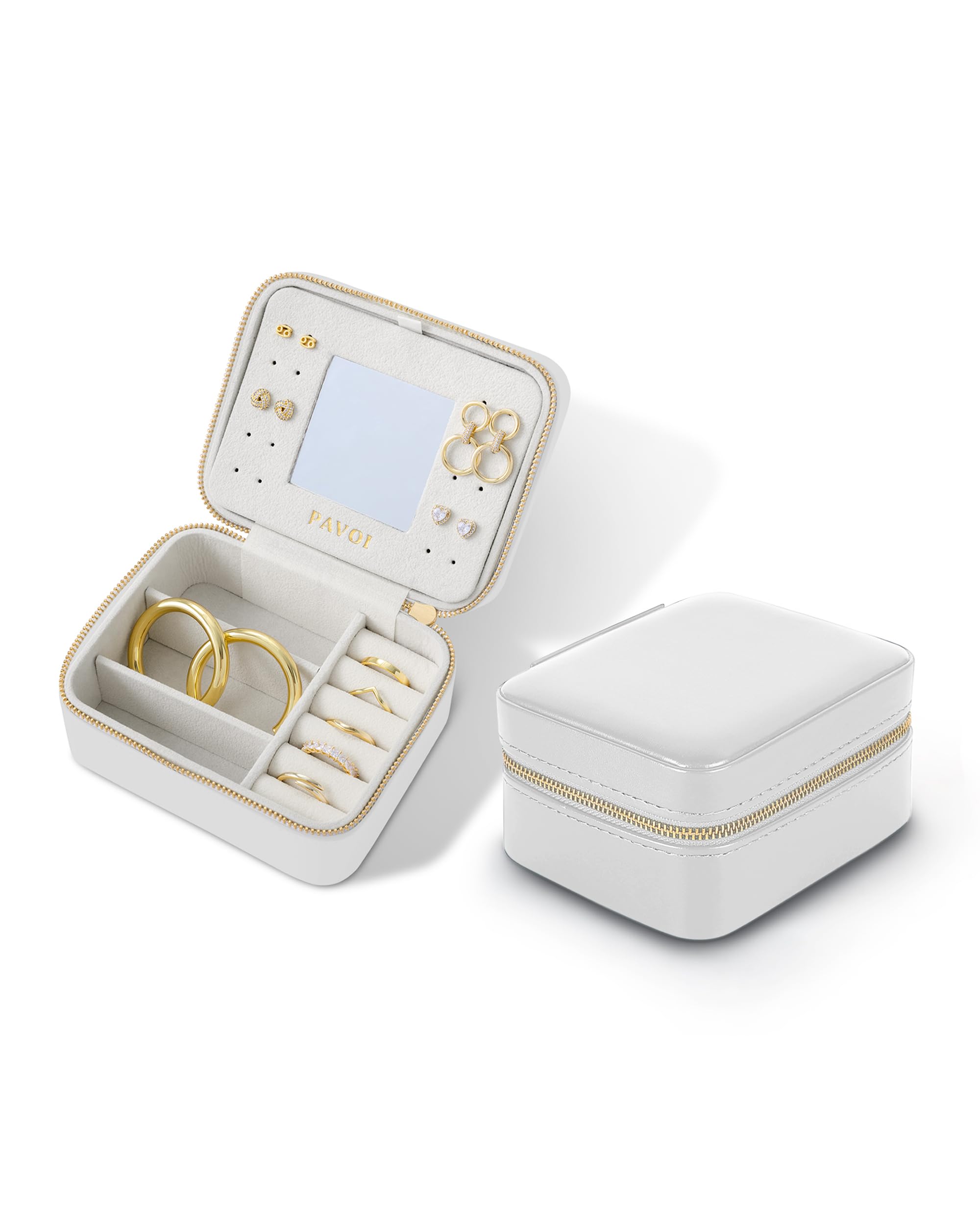 PAVOI Ivory Faux Leather Jewelry Box for Women - Compact Travel Jewelry Organizer with Mirror - Portable Case for Rings, Necklaces, Earrings & Bracelets - Perfect for Travel, Gifts & Home Storage