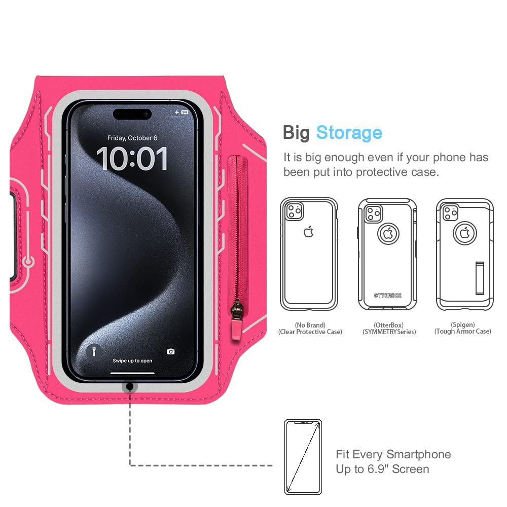JEMACHE iPhone 16 Pro Max Armband - Running Phone Holder for iPhone 16/15/14 Plus & 16/15/14/13/12/11 Pro Max with AirPods Case - Gym Workout, Jogging, Cycling & Fitness Accessories (Rosy Pink)