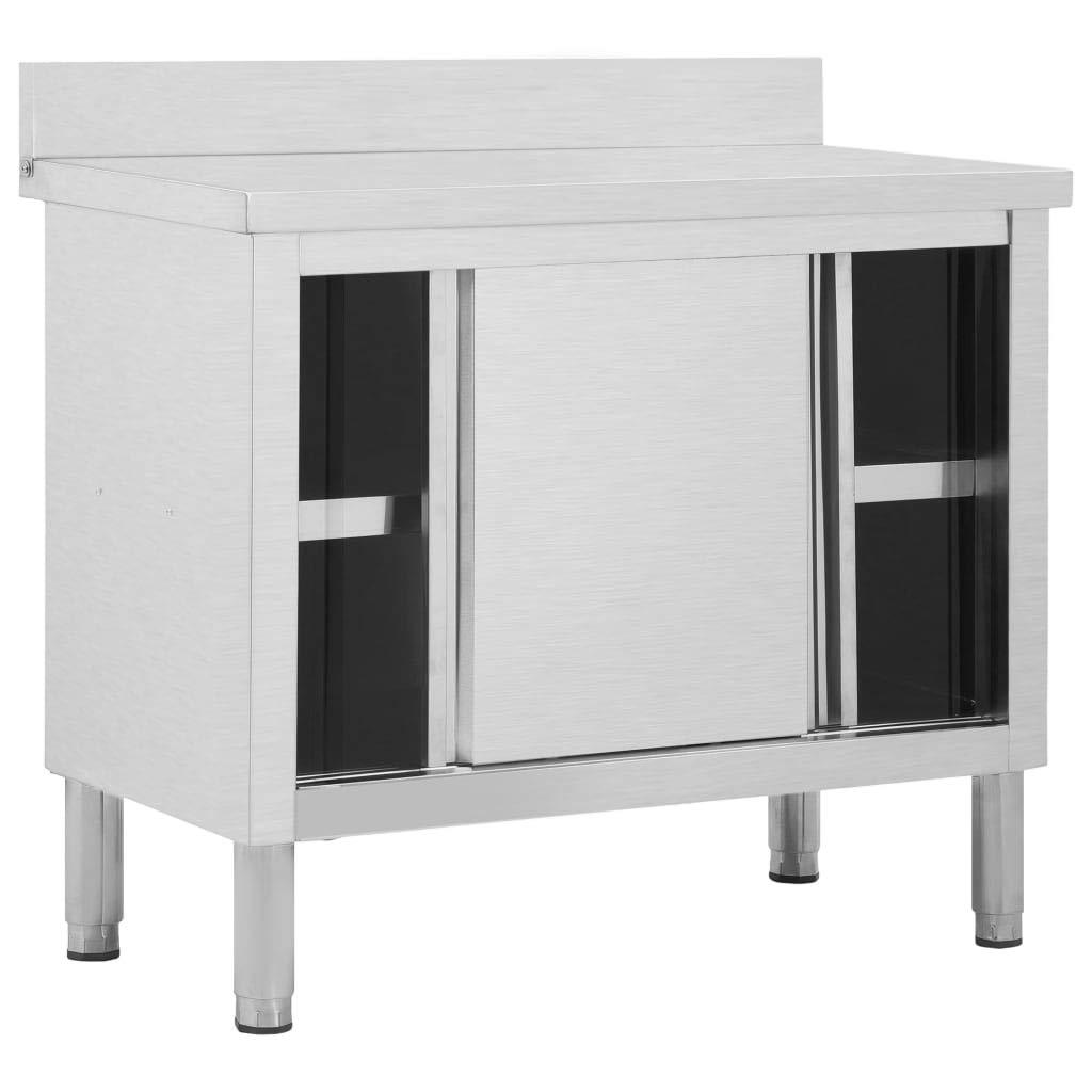Premium Stainless Steel Kitchen Work Table with Backsplash & Sliding Doors - Commercial Restaurant Grade, Ideal for Home, Hotel & Food Service Use - Perfect for Food Prep, Cooking & Storage