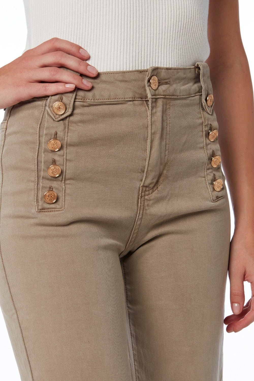 Women's High Waist Straight Leg Jeans with Gold Side Buttons in Beige - Perfect for Casual Outings, Office Wear & Date Nights