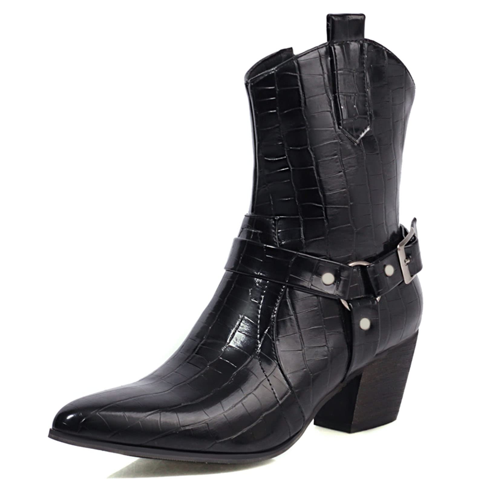 SaraIris Women's Cowboy Boots - Chunky Block Heel Ankle Booties with Pointed Toe & Side Zip - Punk Goth Combat Cowgirl Boots for Women | Perfect for Western Fashion, Night Out & Festival Outfits