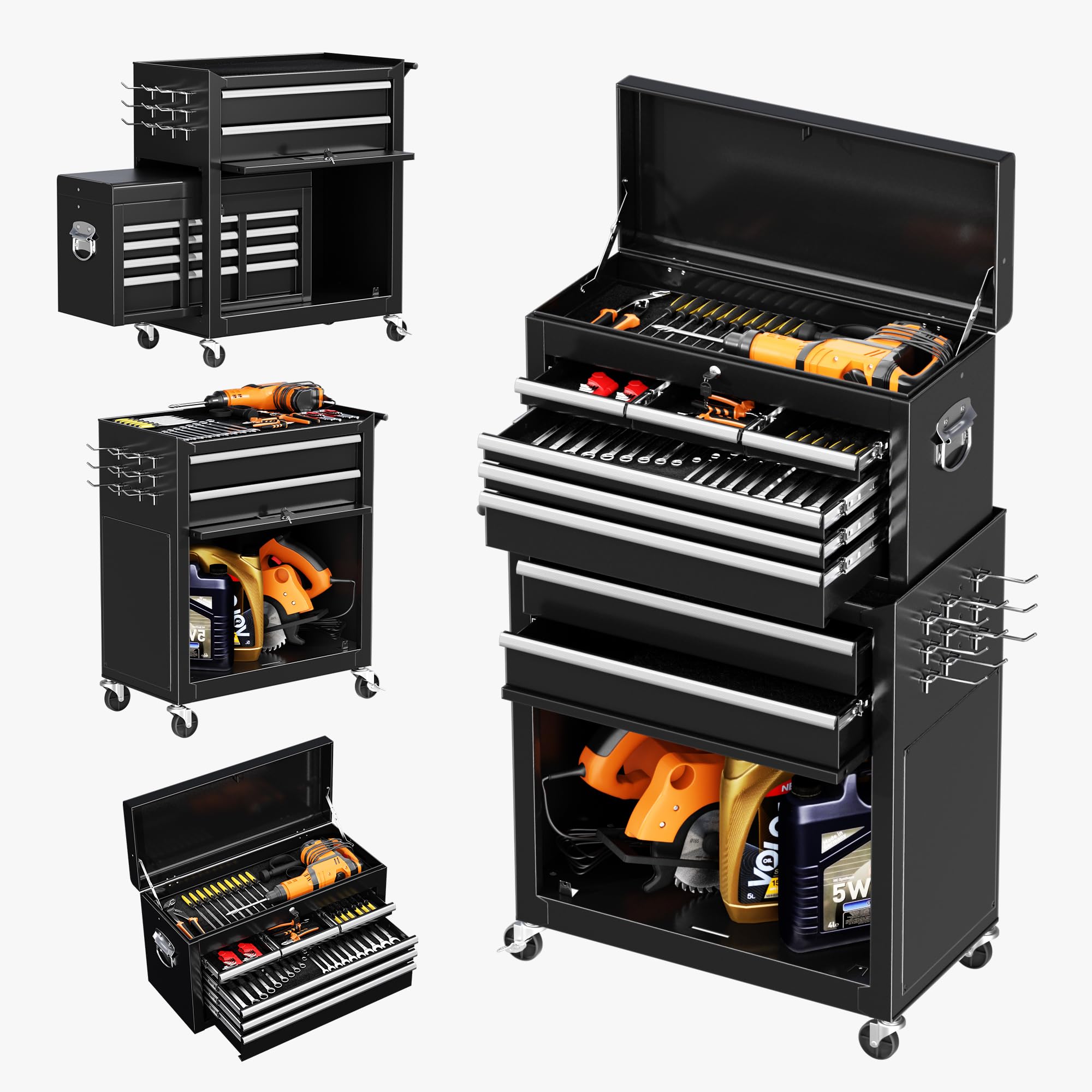 INTERGREAT 8-Drawer Rolling Tool Chest with Wheels - Lockable Metal Tool Cabinet for Workshop, Garage & Warehouse - Heavy Duty Mobile Tool Storage Organizer for Mechanics, Barbers & DIY Enthusiasts (Black) | Perfect for Tool Organization, Auto Repair Shops & Home Improvement Projects