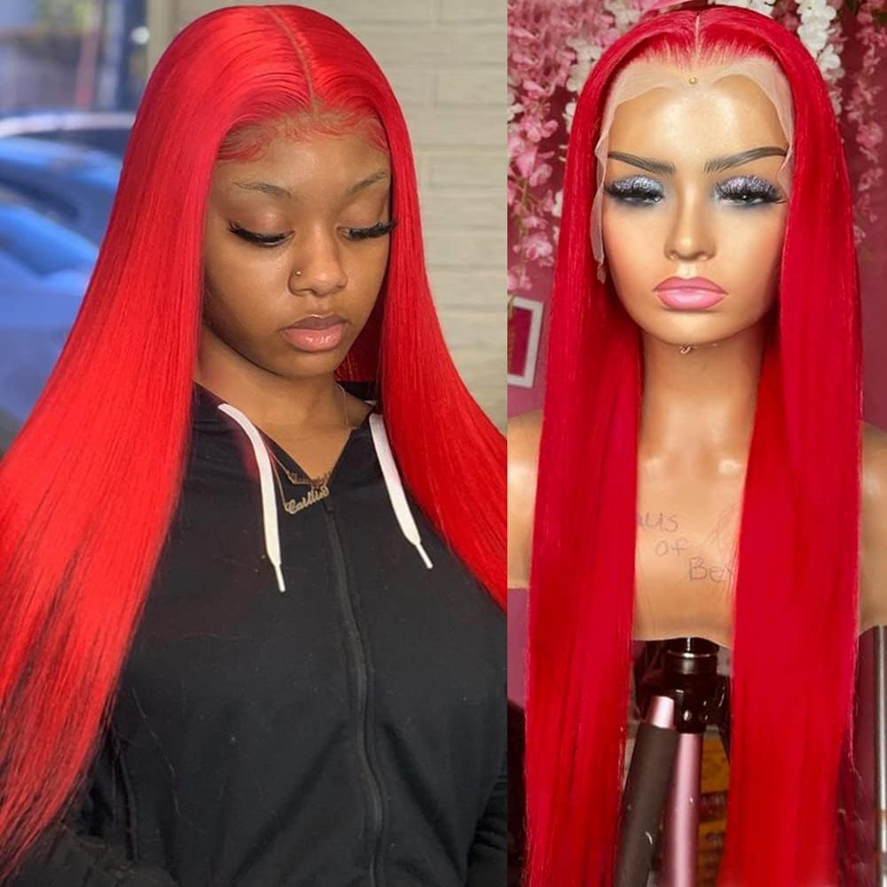 Red Long Straight Synthetic Lace Front Wig - Heat Resistant & Glueless for Women | Perfect for Cosplay, Halloween, and Daily Fashion