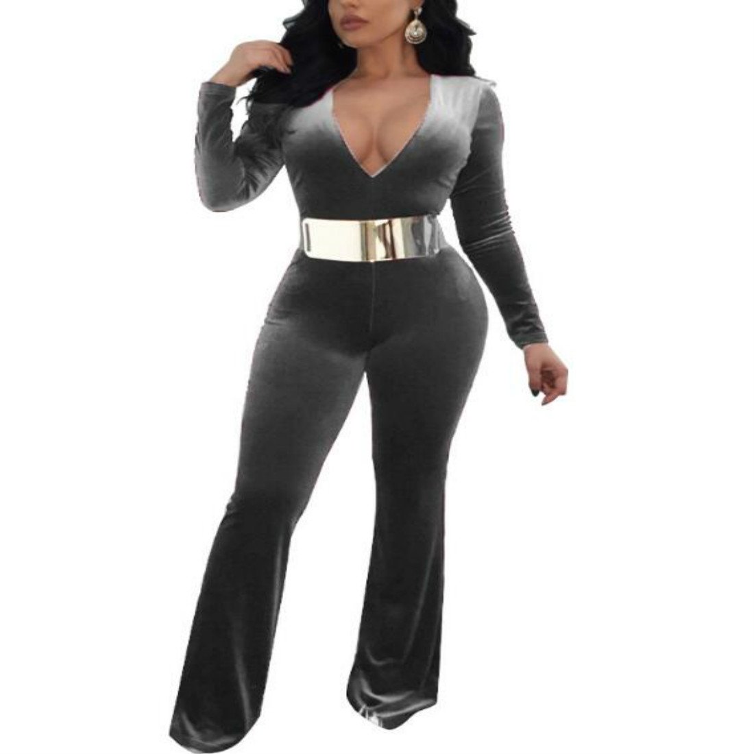 Stylish Women's Deep V Neck Long Sleeve Velvet Jumpsuit - Elegant One Piece Romper with Pants for Ladies | Perfect for Parties, Date Nights & Holiday Events