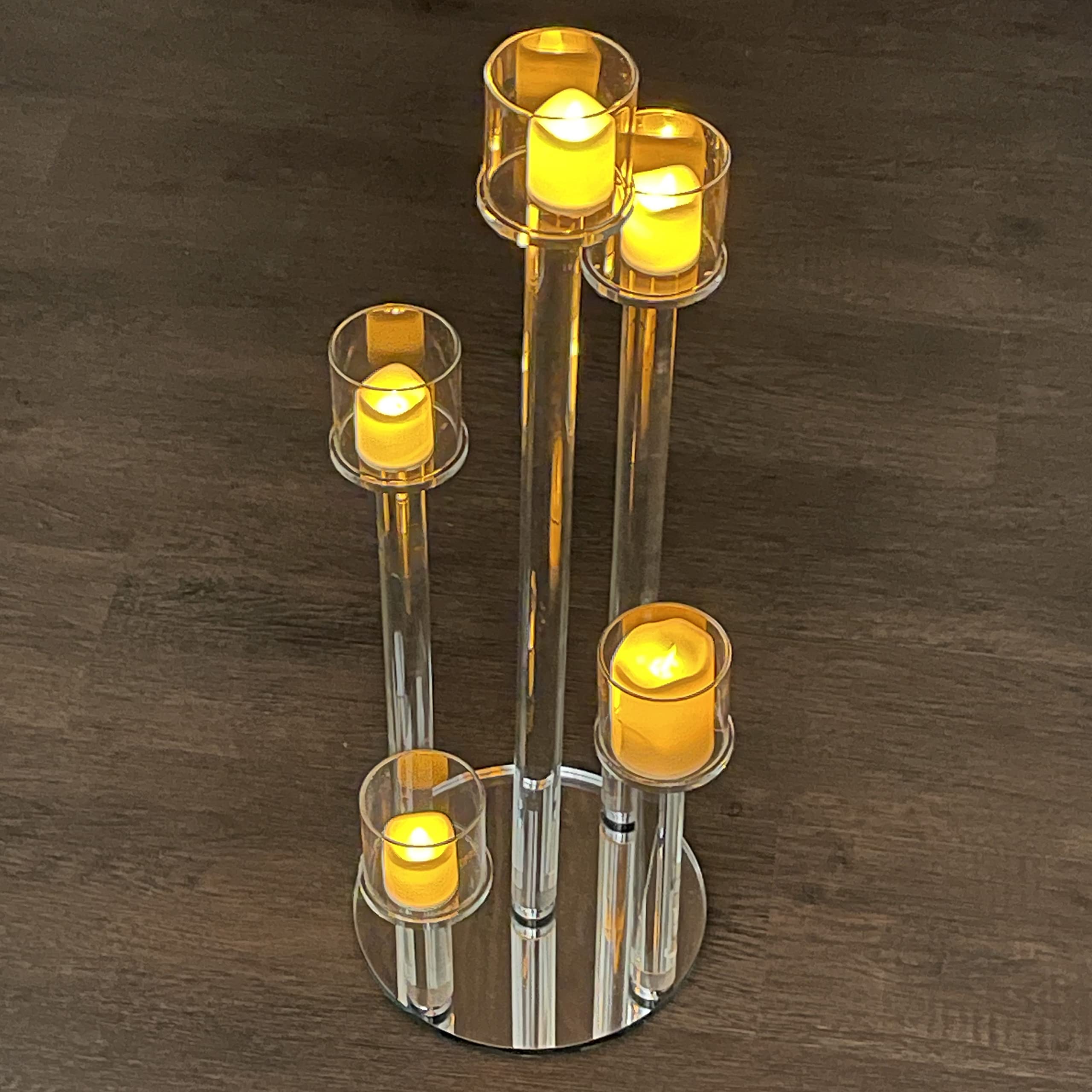 Allgala 23 Inch (58CM) Tall 5-Cup Crystal Glass Candelabra with Solid Glass Tube Rod Support - Elegant Wedding Centerpiece for Bridal Showers, Formal Dinners & Home Decor