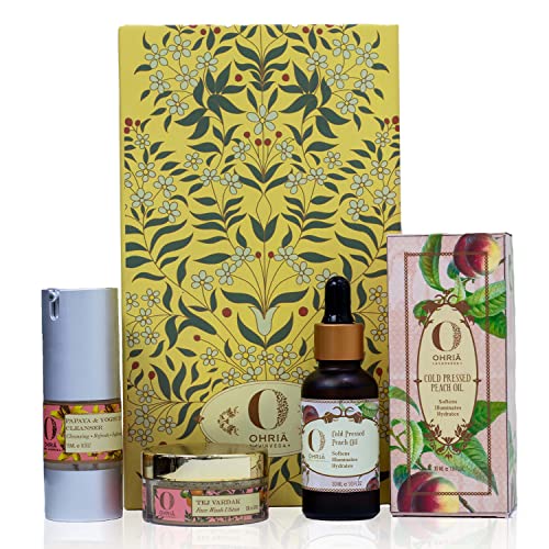 Ohria Ayurveda 'A'-Beauty Gift Box Set - Cold Pressed Peach Oil 30ml, Papaya & Yogurt Facial Cleanser 15ml, Tej Vardak Face Wash Ubtan 20g | Natural Skincare Routine for Glowing Skin, Ayurvedic Self-Care & Spa Day at Home
