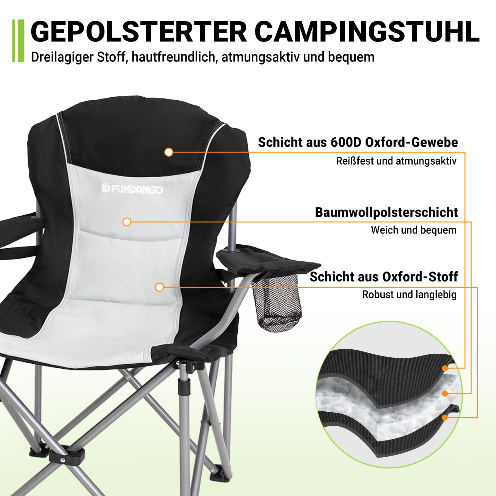 FUNDANGO Folding Camping Chair with Padded Seat, Cup Holder & Cooler Bag - Adjustable High Back Recliner for Outdoor, Fishing, Garden, Picnic & Beach Use